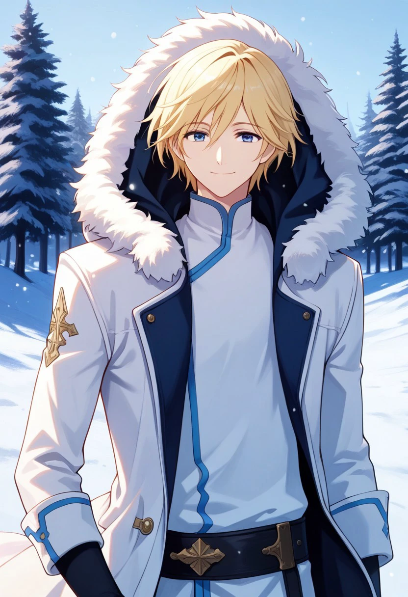 masterpiece, best quality,
fayd, 1boy, solo, male focus, blue eyes, blonde hair, shirt, white shirt, long sleeves, elbow gloves, smile, coat, white coat, hood, fur trim,
outdoor,