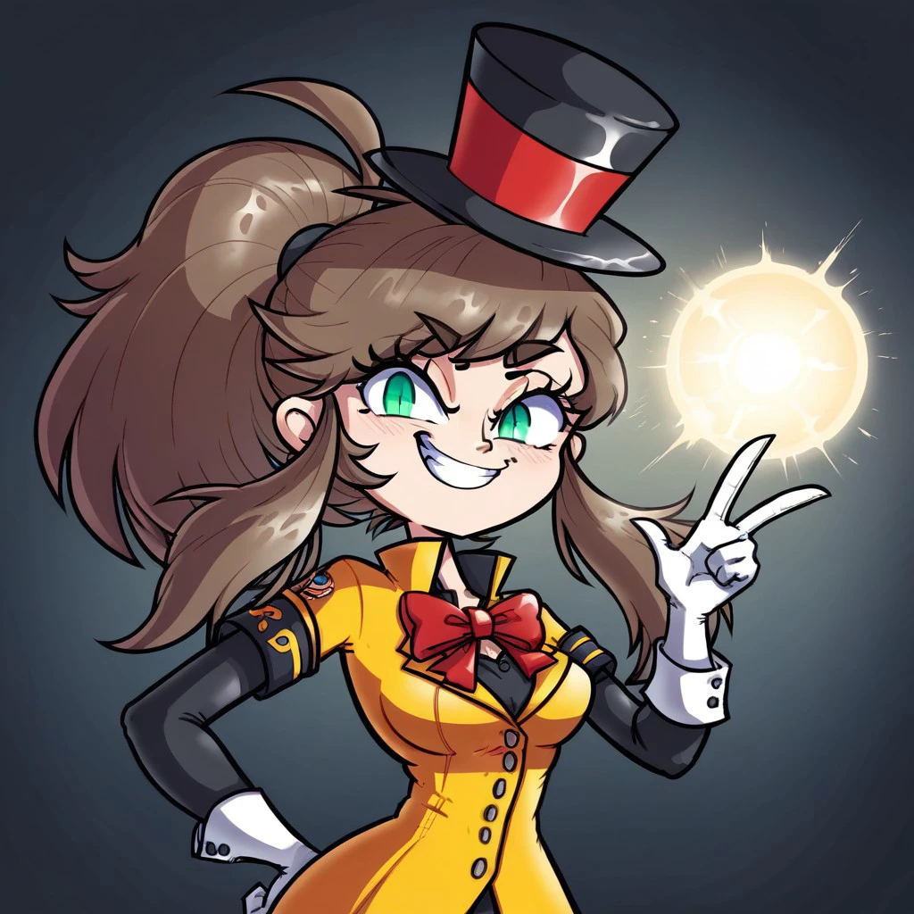 score_9, score_8_up, score_7_up BREAK radicalsoda, poppy, 1girl, smiling, v, brown hair, long hair, green eyes, (top hat), white gloves, hat, ponytail, white gloves, red bowtie, yellow jacket, black shirt, buttons, black sleeves, hand on hip,