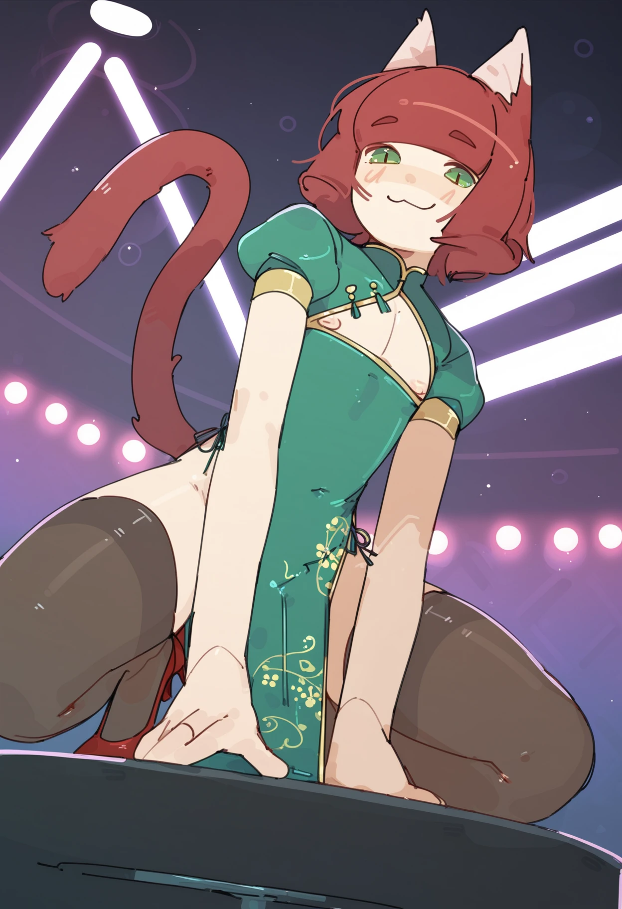 masterpiece, highest quality, Small breasts、crimson hair、ponytail、Green hair ribbon、8age、Brat、Dynamic Angle、Glowing yellow eyes、Bangs between the eyes、Chili pepper hair ornament on bangs、Ahoge, China dress、Kung Fu Shoes、Look at the viewers, Laughter, Open your mouth、Ecstatic expression