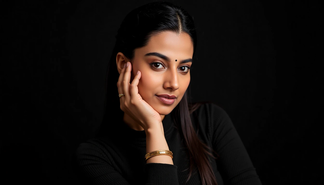 Close-up portrait of meencohwx  with dark hair pulled back. Soft, contemplative expression; gaze is directed slightly to the viewer's right. She's subtly touching her face with her hand, creating a relaxed pose. Wearing a dark-colored, likely black, long-sleeved top. The style is simple and understated. A light gold metal bangle sits on her wrist, adding a touch of visual interest.  Strong light source creates dramatic highlights and shadows, emphasizing facial contours; the lighting is theatrical, almost studio-like. Deep black background creates high contrast, drawing attention to the subject.  Composition is centered, with the woman positioned slightly off-center to create visual balance.  Muted tones, with a low-key atmosphere; serene and calm mood.  Classic portrait style.