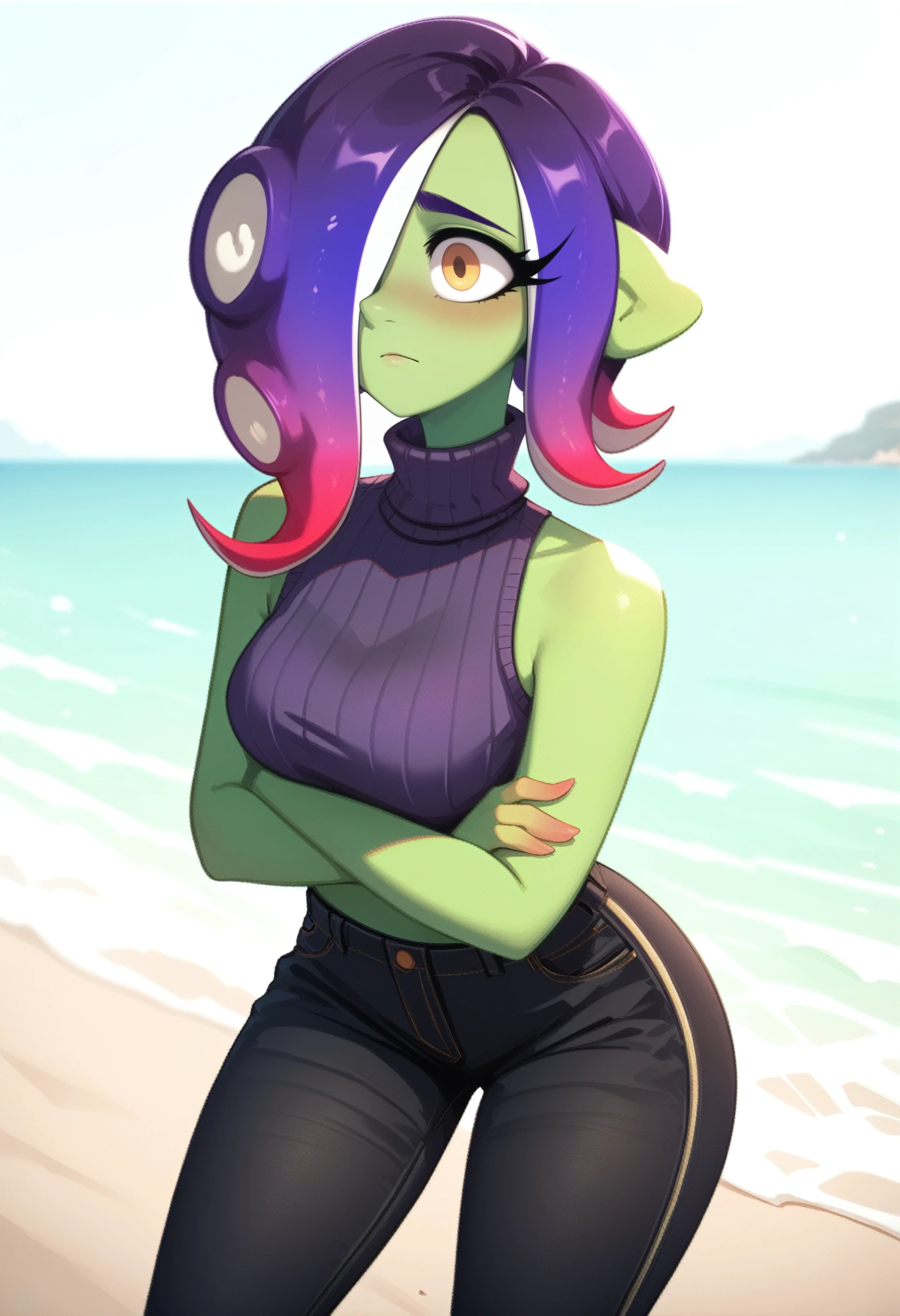 zPDXL3, score_9, score_8_up, score_7_up, score_6_up, score_5_up, score_4_up, 
1girl, solo, medium breasts, ass visible through thighs, 
flustered, leaning forward,
sleeveless turtleneck, capri pants,
beach,
<lora:Splatoon - Acht v1:1> splat-acht, green skin, gradient hair, purple hair, suction cups,