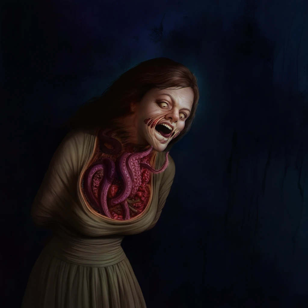 Horror-themed  <lora:Thethingaberrations-illustrious:1.1> thething, dark fantasy, ultra detailed textures, (Boris Vallejo), ultra realistic painting, 1female aberration, mutated body, half spider, half woman, hourglass body,  tentacles coming out of her chest , mutated face, face melting, in a laboratory, she's wearing a doctor's robe and a skirt, exploting chest with tentacles . Eerie, unsettling, dark, spooky, suspenseful, grim, highly detailed