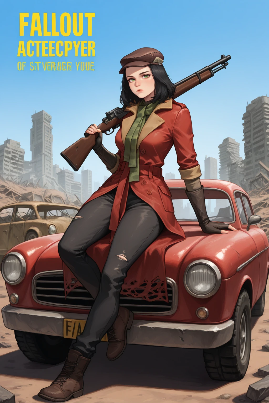 masterpiece, best quality, full body, looking at viewer, expressionless, 1girl, p1p3r, freckles, green eyes, forehead, black hair, medium hair, medium breasts, two-tone coat, brown cabbie hat, red coat, brown coat, torn coat, green scarf, undershirt, black pants, elbow gloves, brown gloves, leather gloves, fingerless gloves, dynamic pose, holding weapon, bolt action, rifle, weapon over shoulder, leaning against vehicle, leaning back, outdoors, wasteland, car, abandoned, skyline, post-apocalypse, blue sky, movie poster, Fallout, english text, <lora:Hoseki_Fallout_PiperWright_IllustriousXL_v1:1>