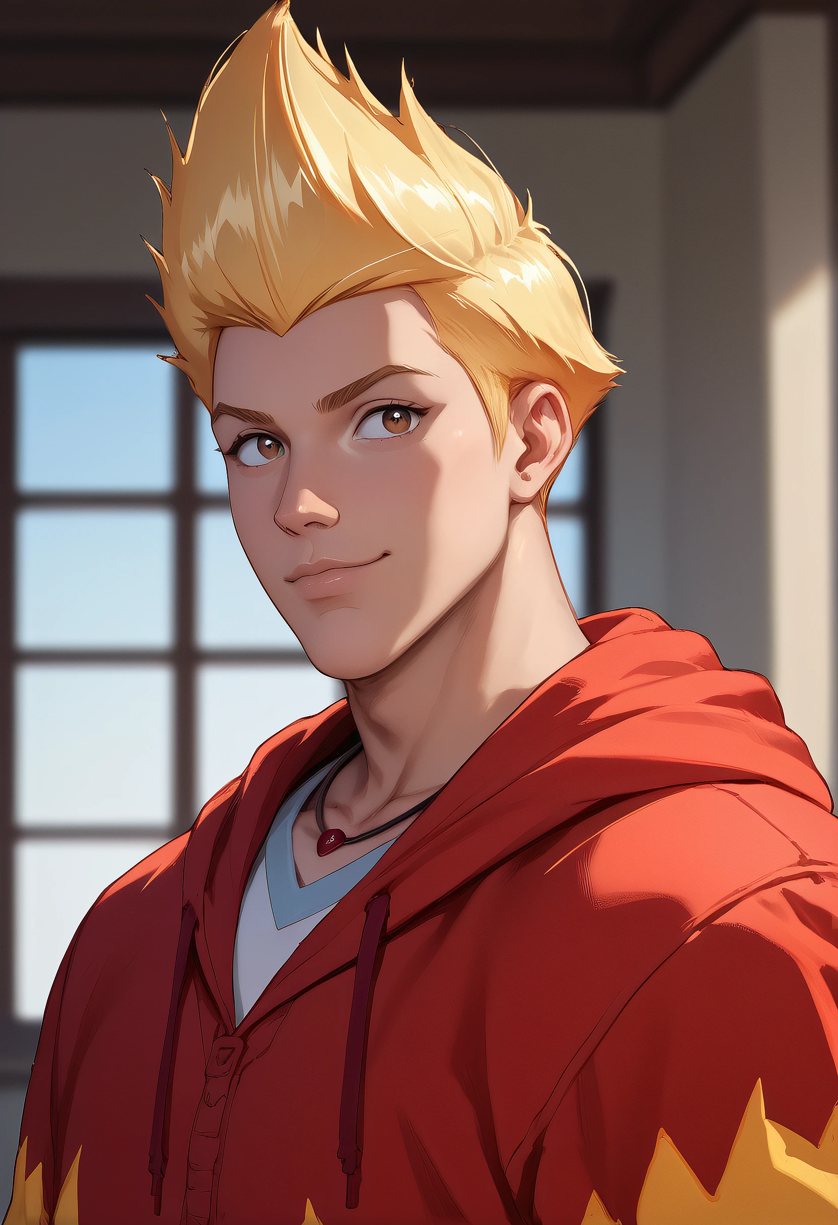 embedding:Pony\Positive\zPDXL3, source_cartoon, score_9, score_8_up, score_7_up, 1boy, mmystery_pdxl, blonde hair, red yellow hoodie, look at viewer, brown eyes, necklace, portrait, upper body, masterpiece, best quality, high resolution