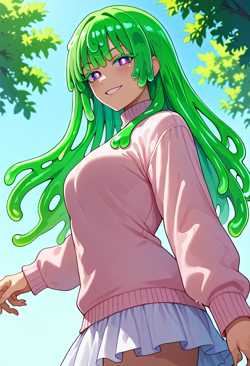 score_9_up, 1girl, solo girl, best quality, masterpiece, posing, from side from below, from above, standing, from side from below, randome scenery, dynamic pose, looking at viewer
<lora:Neneya_Green:1> NeneyaGreen, green haired slime girl, slime hair, long hair, bangs, purple eyes, x shaped pupils, green colored eyelashes,  bright smile,  (((adult))) medium breast, white shoulder free sweater with white frilled skirt,