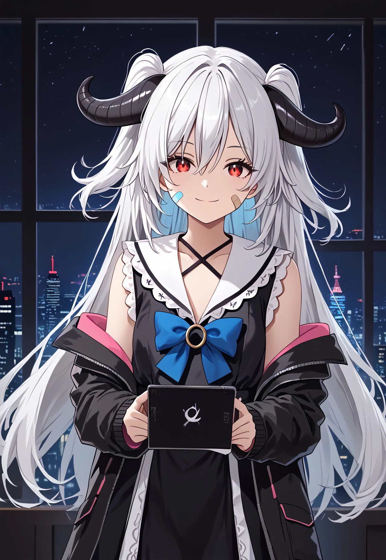 safe_pos, 1girl, solo, solo focus, highres, absurdres, PhaseAiko, demon horns, bangs, long hair, hair between eyes, red eyes, two side up, white hair, curled horns, 

black dress, white sailor collar, blue bow, frilled sailor collar, sleeveless shirt, criss-cross halter, white frills,

bandage on face, bandaid on cheek,

black jacket, off shoulder, long sleeves, sleeves past wrists,

looking at viewer, holding tablet pc, light smile,

office, window, cityscape, neon lights, dark, very dark, night, night sky, backlighting, silhouette,