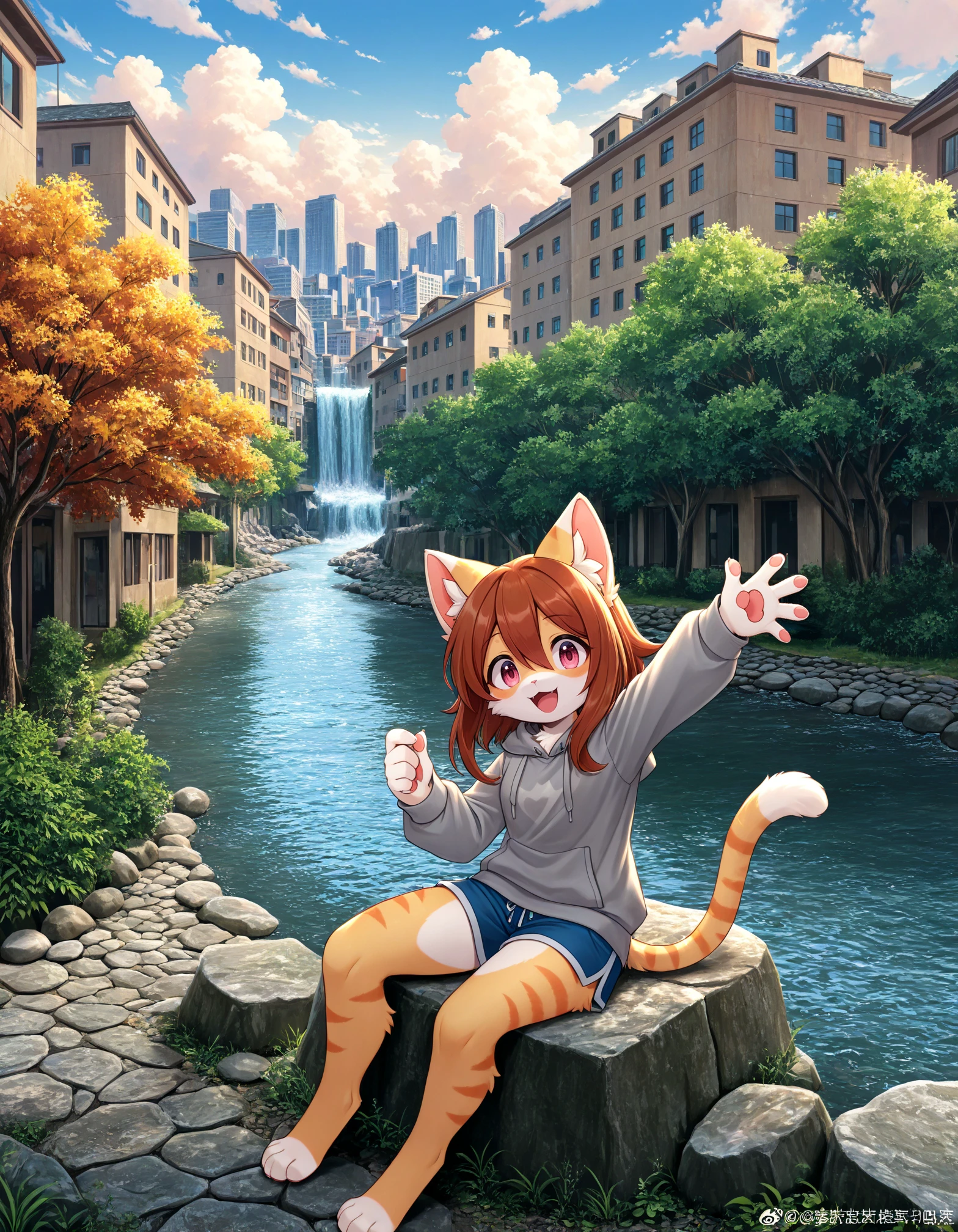 masterpiece, best quality, absurdres, safe,
no humans, nazuna hiwatashi, waving, open mouth, happy, outdoors, vegetation, river, modern city, wearing hoodie, hood down, furry female, cat ears, cobblestone, skyline, blue sky, scenery, cat tail, pink eyes, stone walkway, weibo username, river of blood, looking at viewer, smile, cat girl, waterfall, city, cloud, day, weibo logo, nature, water, sitting on rock, riverbank, tail, hood, full body, hoodie, animal ears, cityscape, furry, :d, brown hair, building, cloudy sky,
She is dressed in a casual outfit consisting of a gray hoodie and blue shorts, adding to the relaxed atmosphere of the scene. The backdrop includes a city skyline at sunset, with buildings silhouetted against the warm orange and yellow hues of the setting sun.