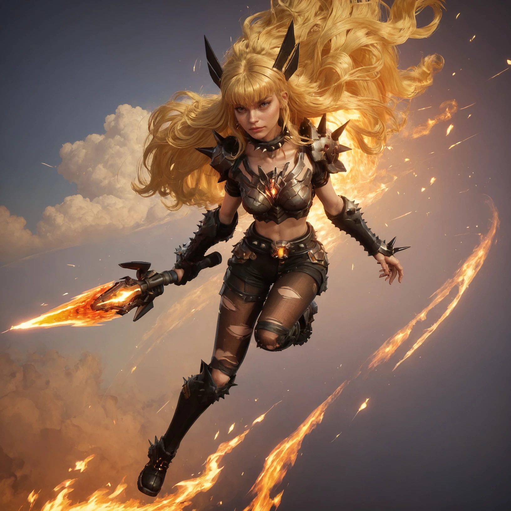 score_8,score_7,score_9,magikrivals,1girl,blonde,long hair,bangs,chest armor,spiked collar,flying,fire,spiked headband,on her knees,torn pantyhose,spiked boots,spiked gloves,beautiful background,detailed background