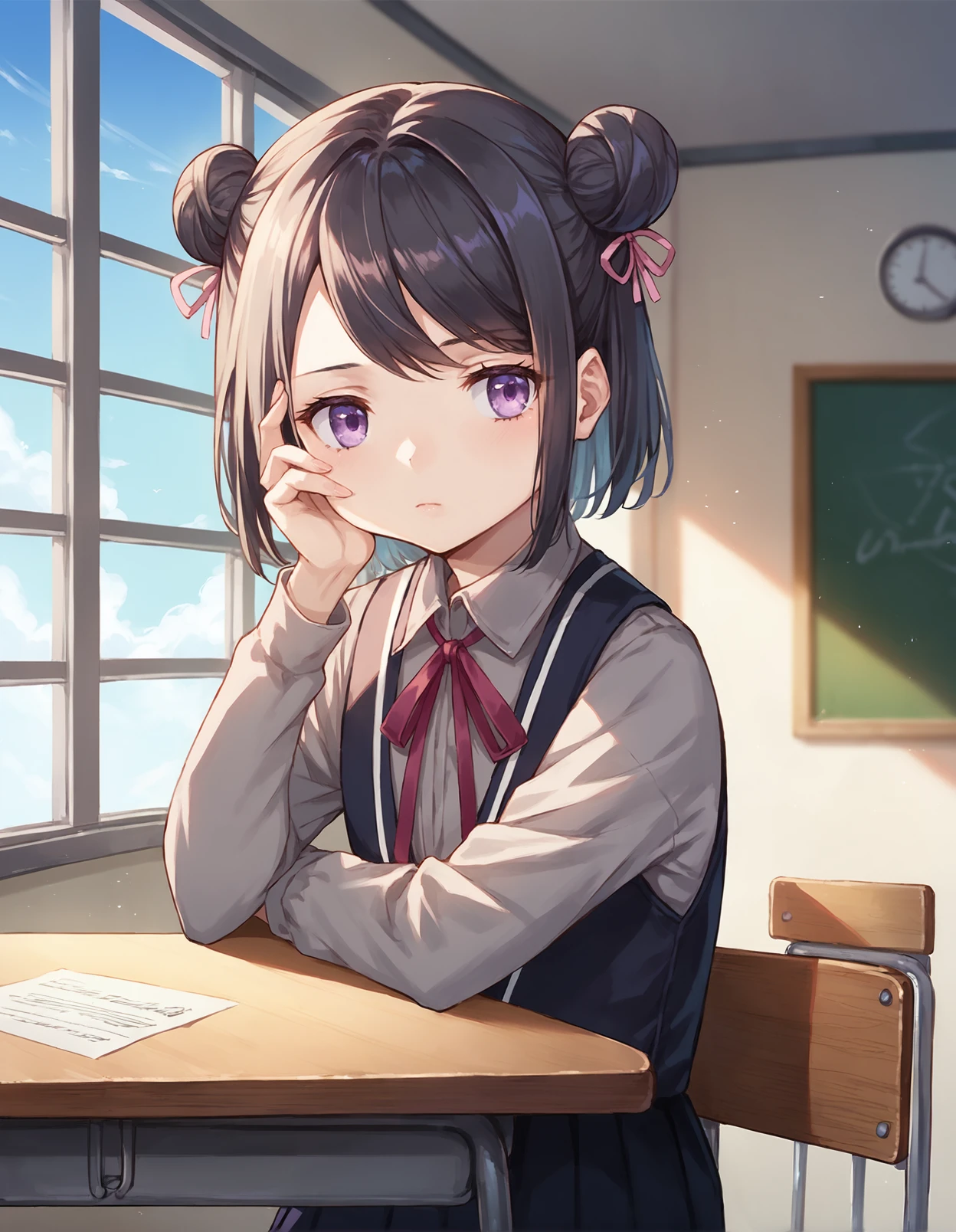 score_9, score_8_up, score_7_up, score_6_up, a girl sitting in the room bored, source_anime, detailed, solo focus, colorful, 1girl, perfect lighting, upper body, medium shot, mgrckuroe, black hair, purple eyes, double bun, pink hair bows, grey shirt, red neck ribbon, black vest, black pleated skirt, classroom, day, window, sky, clouds, table, chair, looking to the side, hand on cheek, (side view:0.7), <lora:mgrckuroe_XL:0.9>