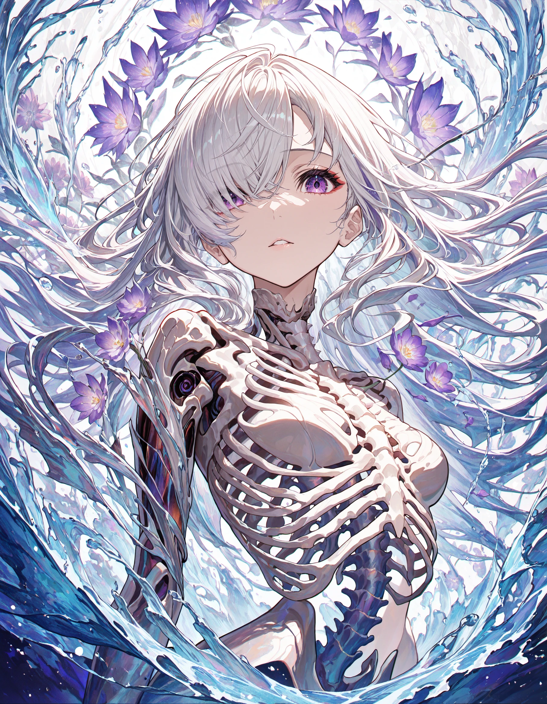 masterpiece, best quality, very aesthetic, absurdres, newest, <lora:Mika:1>,abstract, 1girl, solo, white hair, hair over one eye, abstract, purple eyes, looking at viewer, ribs, parted lips, spine,water,lave,fire,flowers,food