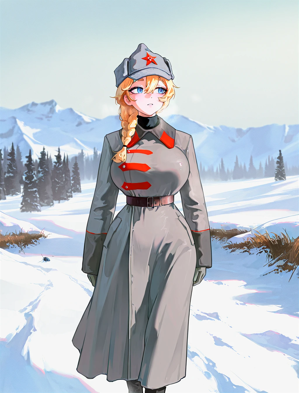 amazing quality, 1girl, solo, blond hair, long thick braid, big breasts, blue eyes, curvy, (plump:0.6), bug breasts, outdoors, snowy, <lora:glavakolhoza_redarmywinter:1>,  glavakolhoza_redarmywinter, military uniform, gray military coat, clasps, headwear, budenovka, red star \(symbol\) on hat, red elements, walking, scenery, masterpiece, best quality, good quality, newest ,very aesthetic, absurdres, (snegovski:0.855), (mamimi \(mamamimi\):0.8),[(dino \(dinoartforame\):1.2), niri \(eunhaha02\),(nyong nyong:0.8),(nat the lich:1.2)]