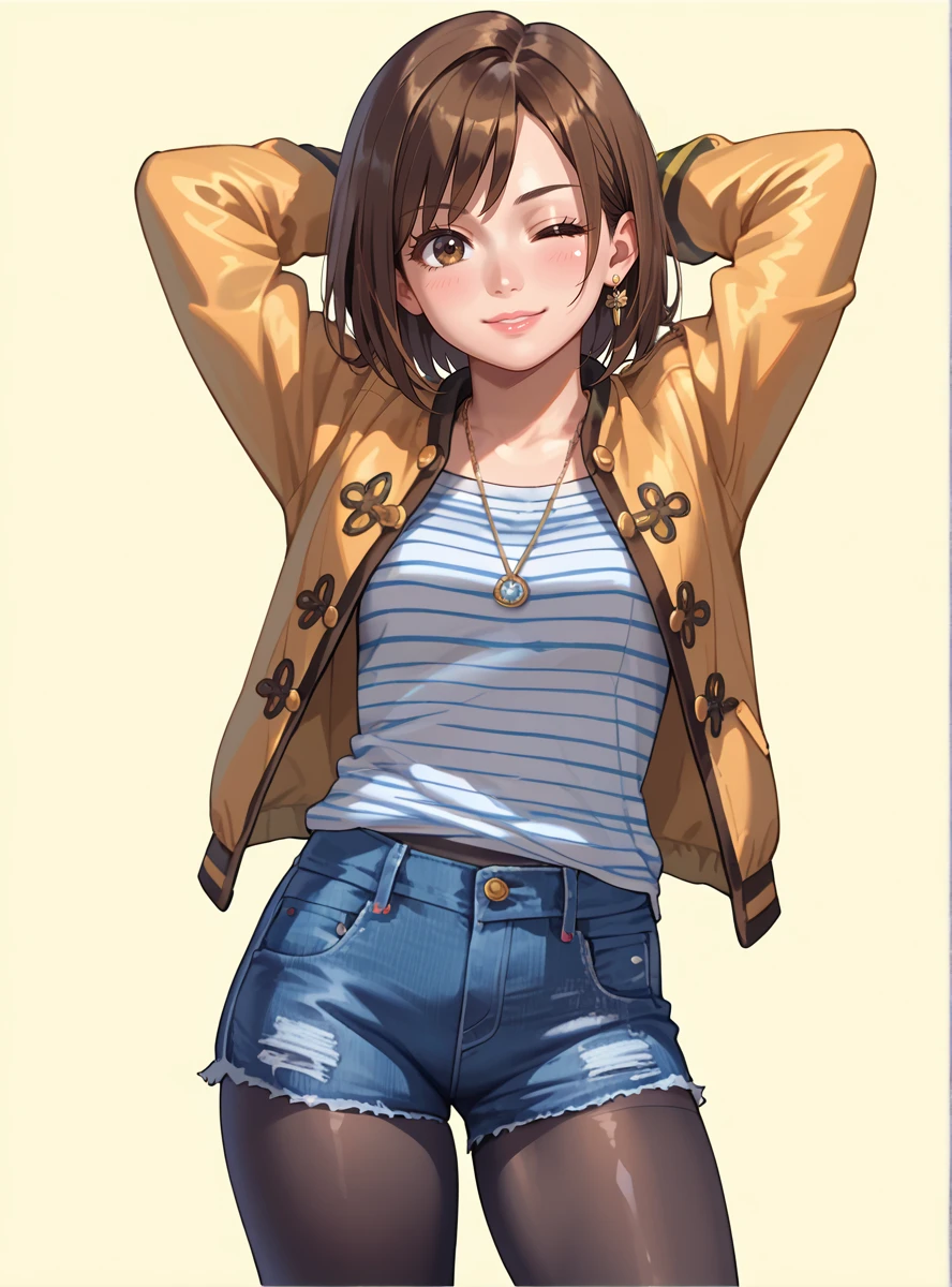 score_9, score_8_up, score_7_up, score_6_up,source_anime anime screencap  (anime coloring), <lora:LukaMilfyXL:0.7>lukamilfy, brown hair, pantyhose, jacket, shorts, legwear under shorts, jewelry, brown eyes, denim, striped, 1girl, striped shirt, short hair, necklace print_legwear thick thighs, shiny skin,standing outdors arms behind head,  pantyhose,  denim shorts,  wink, stretching,