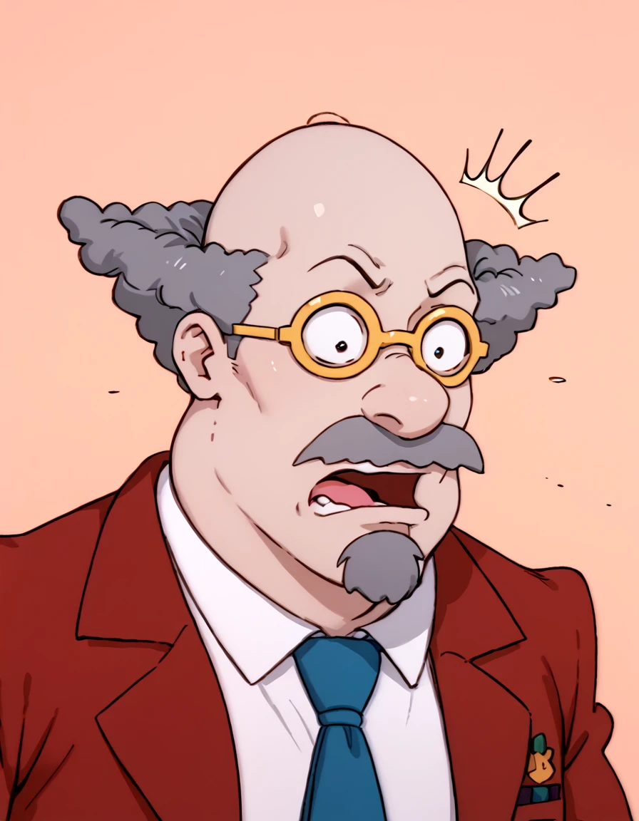 <lora:Dr_Lipschitz_PONY:0.9> 1boy, solo, grey hair, bald, patterned baldness, black eyes, facial hair, mustache, glasses, yellow-framed eyewear, white shirt, collared shirt, red jacket, red suit jacket, blue necktie, portrait, shocked, source_cartoon, score_9, score_8_up, score_7_up, score_6_up, score_5_up, score_4_up,