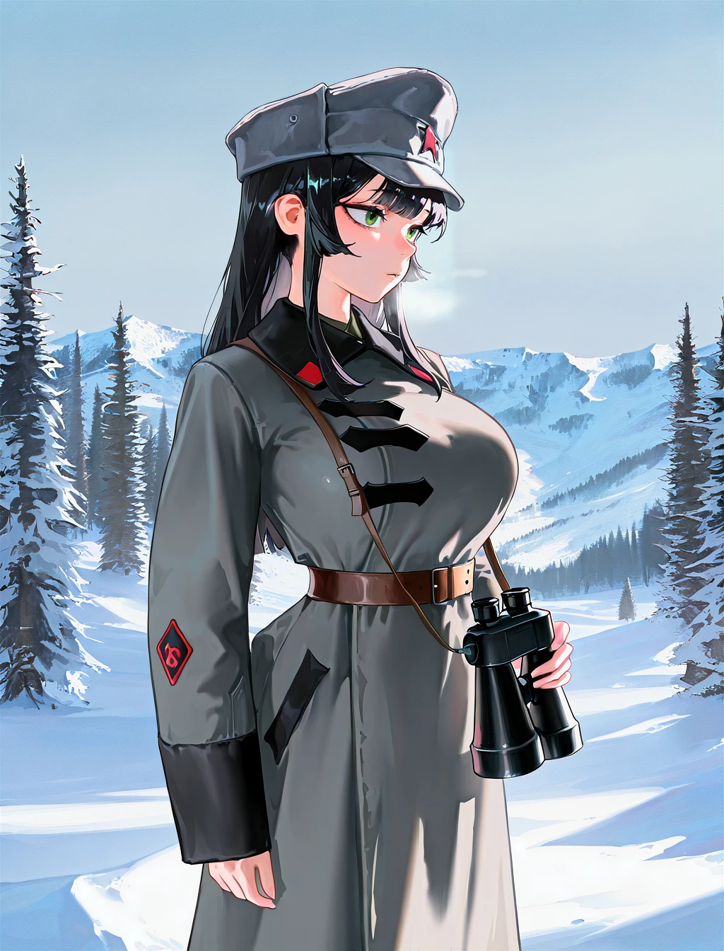 amazing quality, 1girl, solo, short black hair, big breasts, green eyes, curvy, (plump:0.6), large breasts, outdoors, snowy forest, <lora:glavakolhoza_redarmywinter:1>,  glavakolhoza_redarmywinter, military uniform, gray military coat, three clasps, (leather military cap:1.2), (black elements:1.1), standing, holding binoculars, scenery, masterpiece, best quality, good quality, newest ,very aesthetic, absurdres, (snegovski:0.855), (mamimi \(mamamimi\):0.8),[(dino \(dinoartforame\):1.2), niri \(eunhaha02\),(nyong nyong:0.8),(nat the lich:1.2)]