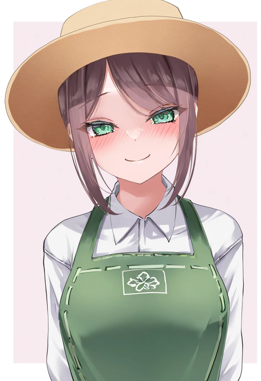 (masterpiece, high quality, amazing detail), highres, very awa, very aesthetic, absurdres, year 2024, sougetsu izuki,
1girl, emma_woods, look at viewer, green eyes, blush, smile, simple background, brown hair, shirt, hat, closed mouth, white shirt, upper body, heart, sidelocks, collared shirt, apron, <lora:emma_wood:1>