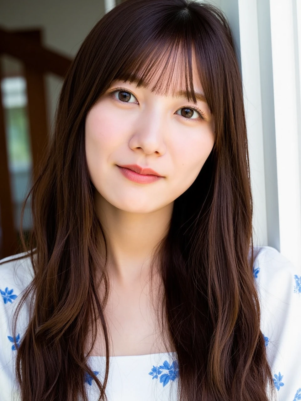 The image is a close-up portrait of a young woman named kawata with very long brown hair and bangs. Her hair fluttered in the wind, messy hair.She is looking directly at the camera with a serious expression on her face. Her hair is styled in loose waves and falls over her shoulders. She has a slight smile on her lips and is wearing a white blouse with a blue floral pattern. The background is blurred, but it appears to be a room with a window and a wooden railing. The lighting is soft and natural, highlighting the woman's features.