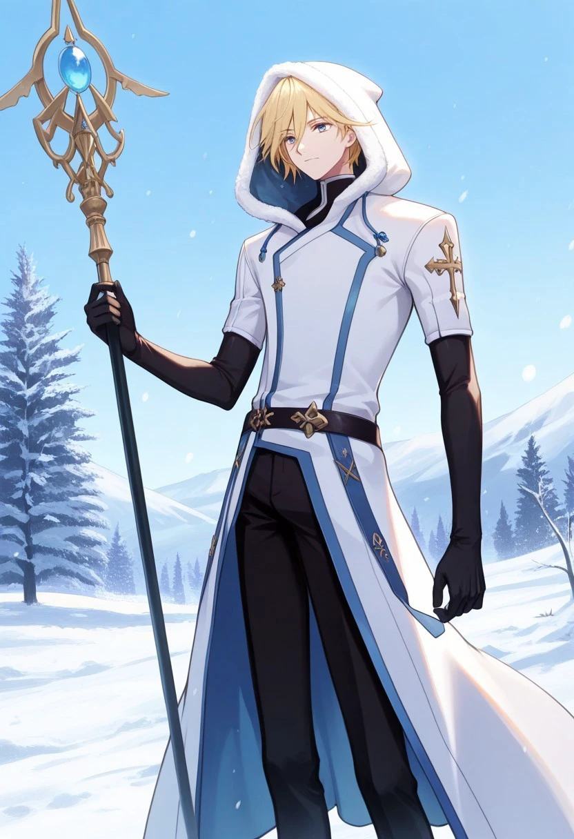 masterpiece, best quality,
fayd, 1boy, solo, male focus, blue eyes, blonde hair, jacket, white jacket, long jacket, elbow gloves, black gloves, pants, black pants, staff, holding staff, slender, hood up,
outdoor, snow, winter,
