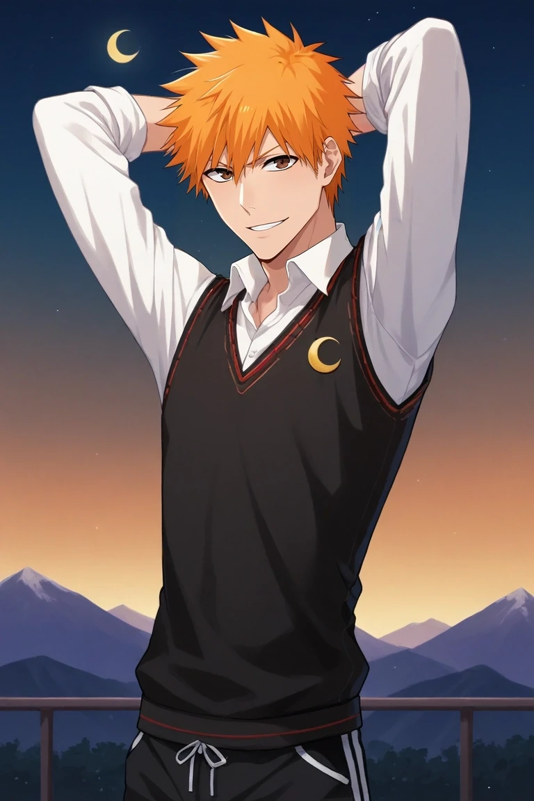 score_9, score_8_up, score_7_up, source_anime, rating_safe, intricate details, , looking at viewer, , 1boy, solo, male focus, <lora:ichigo_kurosaki_pony:0.92>, ichigo_kurosaki, 1boy, orange hair, brown eyes, short hair, spiked hair, hair between eyes, , , , straight-on, mountaintop city, night, crescent moon, arms behind head, smile, Slim-fit track pants, Polo sweater vest, Moccasins, , and, <lora:sdxl_lightning_8step_lora:1>