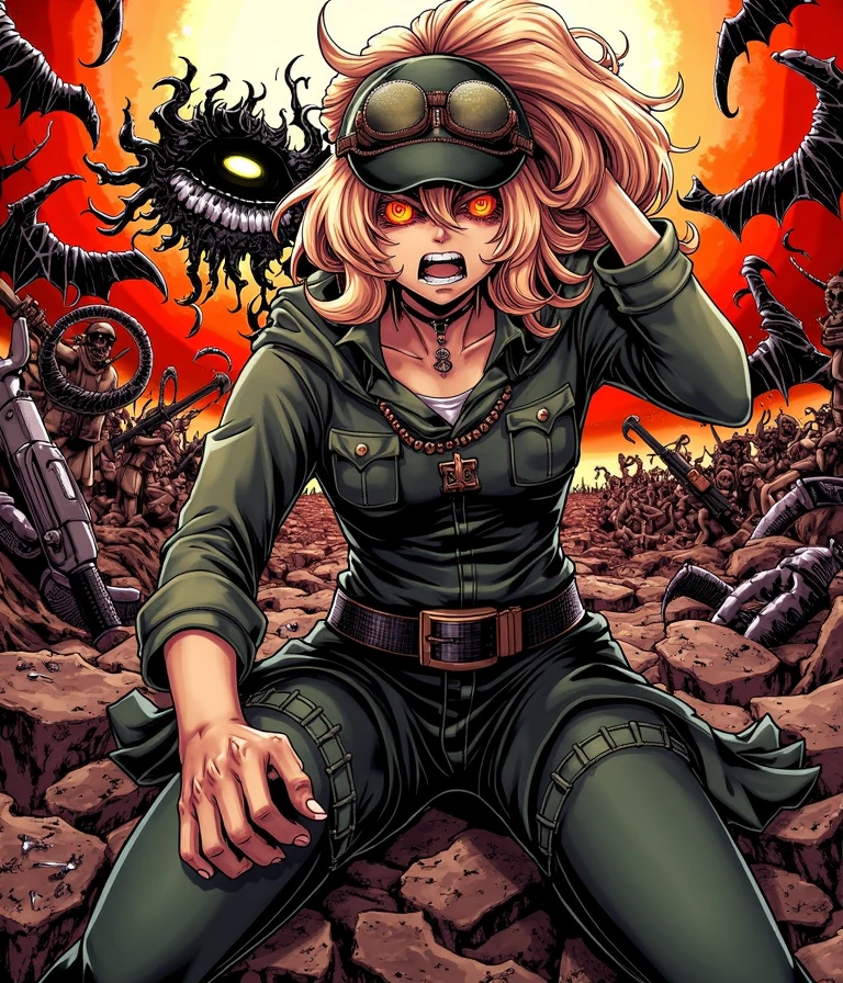 TanyaDegurechaff,An intense, dark, and gruesome colorful manga cover art style, featuring a girl with piercing manic eyes and a crazed expression, resembling Tanya Degurechaff. She is surrounded by a war-torn battlefield with twisted, eerie details, dramatic lighting casting sharp shadows, and a chaotic, oppressive atmosphere. The style emphasizes intricate linework and a gritty, grim tone
, <lora:Tanya_Degurechaff_manga_style_flux:0.8>,