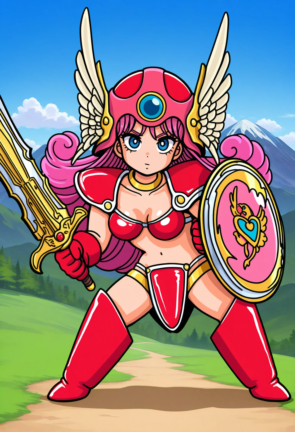 masterpiece, best quality, good quality, 1girl, solo, looking at viewer, full body,
isi_senshi, sanpaku,  pink long hair, blue eyes
winged helmet, red bikini armor, medium breasts, red gloves, red shoulder armor, blue eyes, red armor, red boots,
holding sword, holding shield, fighting stance,
BREAK outdoors, mountain, <lora:isi_senshi_IL1.3:1>