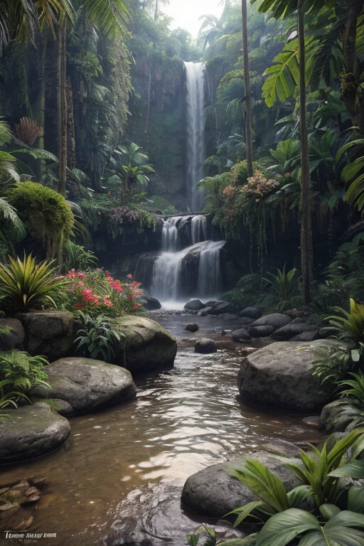 unreal engine 5 render, jungle, river, flowers, extremely detailed, colorful