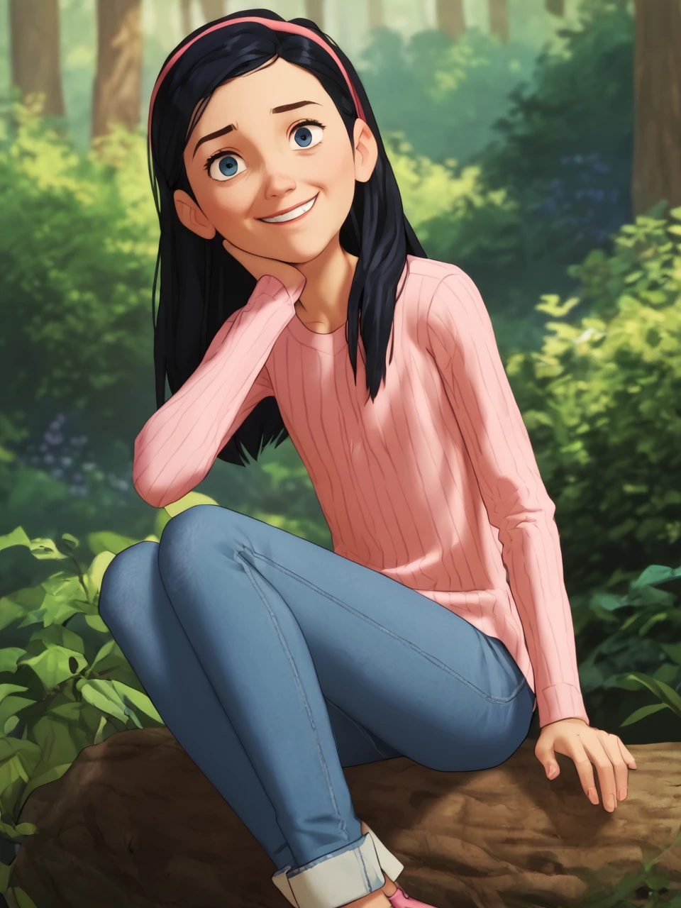 score_9, score_8_up, score_7_up, BREAK,  VioParr, 1girl, solo, long hair, black hair, child, female child, hairband, blue eyes, pink shirt, jeans, smile, looking at viewer, sitting, forest, L1DU2,  <lora:LIDUS_Look_For_Another:1> <lora:Violet_Parr:0.8>