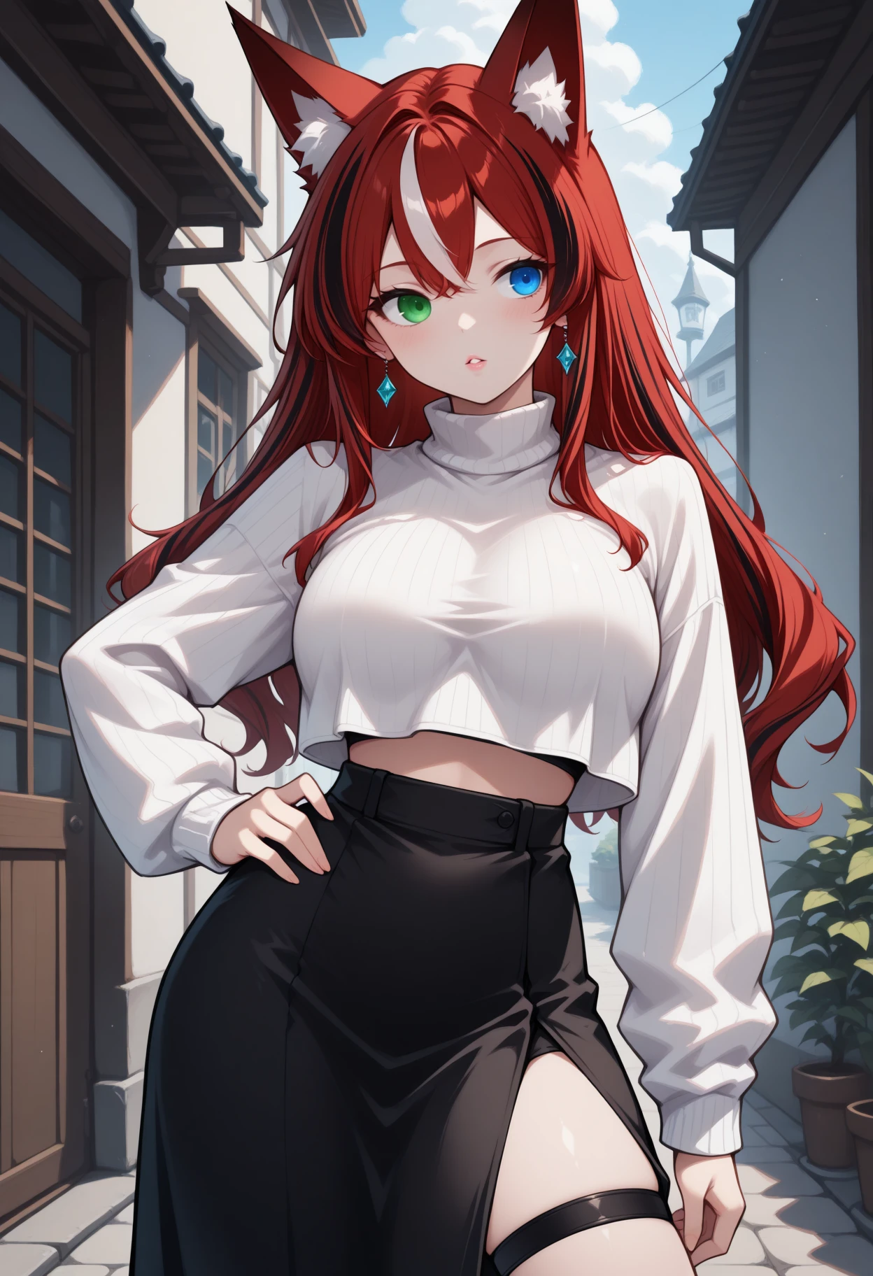 masterpiece, best quality, 1girl, solo, Bomba, heterochromia, green eye, blue eye, multicolored hair, streaked hair, red hair, black hair, animal ears, long hair, earrings, turtleneck, crop top, crop top overhang, white sweater, long sleeves, midriff peek, high-waist skirt, black skirt, long skirt, side slit, thigh strap, hand on hip, arm down, contrapposto, blush, parted lips, pink lips, bedroom eyes, outdoor, <lora:ChamBombaOCIllustriousXL:1>