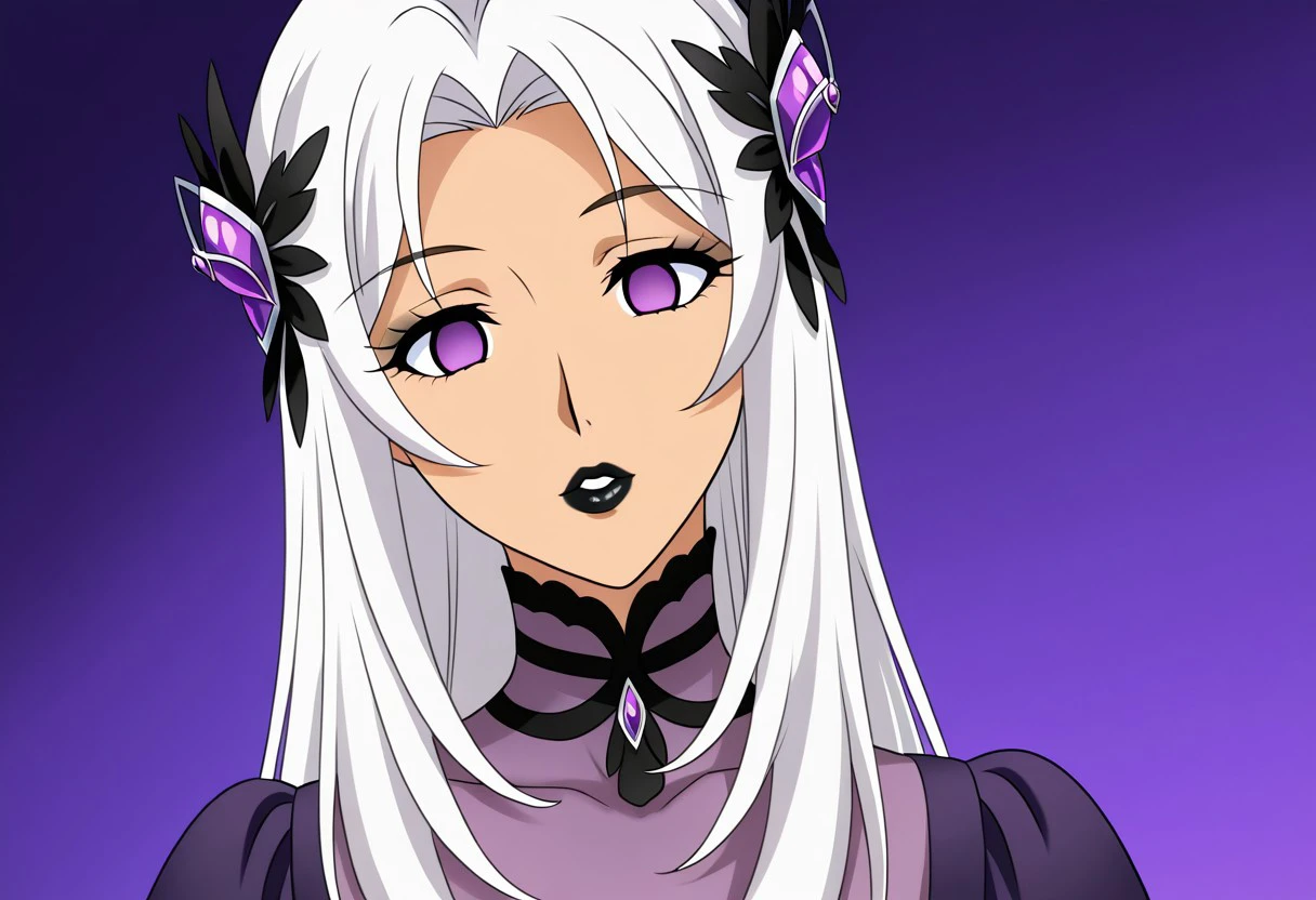 anime, empty eyes, hypnotized, lipstick, black lipstick, glossy lips, one female, adult, casual dress, long hair, white hair, purple eyes, hair decoration
