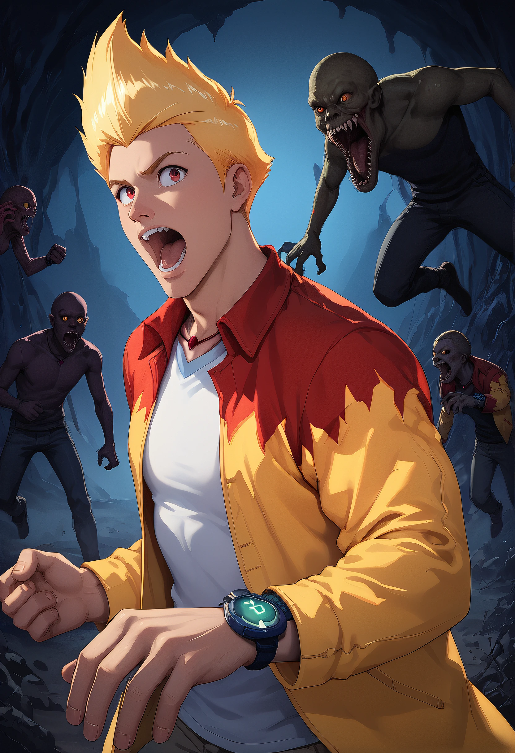 embedding:Pony\Positive\zPDXL3, source_cartoon, score_9, score_8_up, score_7_up, 1boy, male focus, mmystery_pdxl, blonde hair, red yellow jacket, necklace, watch, dynamic stance, dynamic angle, surrounded by monsters, crawling hands, horror, dark cave background, open mouth, running towards viewers, masterpiece, best quality, high resolution