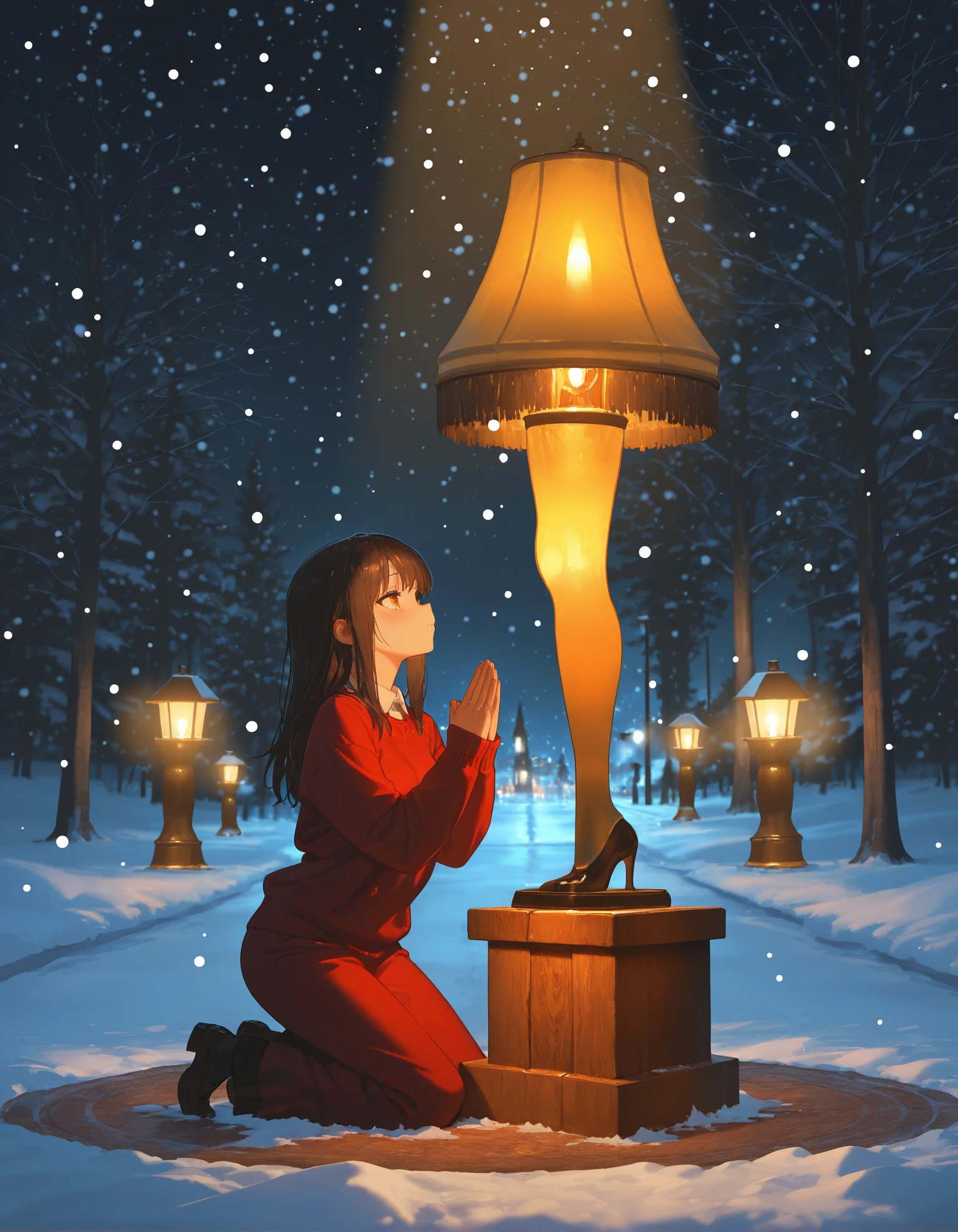 masterpiece, best quality, amazing quality, very aesthetic, high resolution, ultra-detailed, absurdres,
(leglamp lamp:1.2) on altar, 
1girl, worshipping, kneeling, praying,
christmas theme, exterior, night, cinematic lighting, 
snowing,