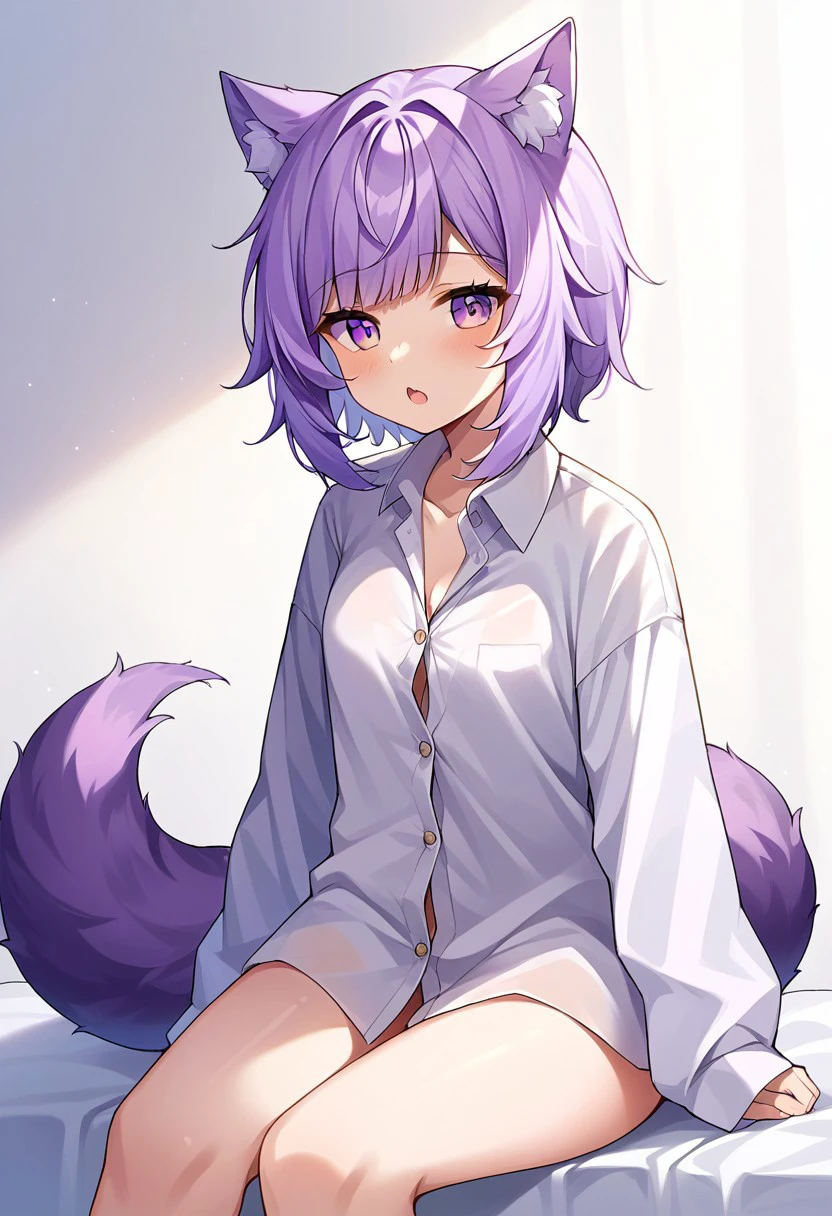 score_9, score_8, score_7, source_anime, naked white shirt, animal ear fluff, cowboy shot, sitting, sleeves past wrists, ribbon, tail, purple hair, medium hair, unbuttoned, open mouth