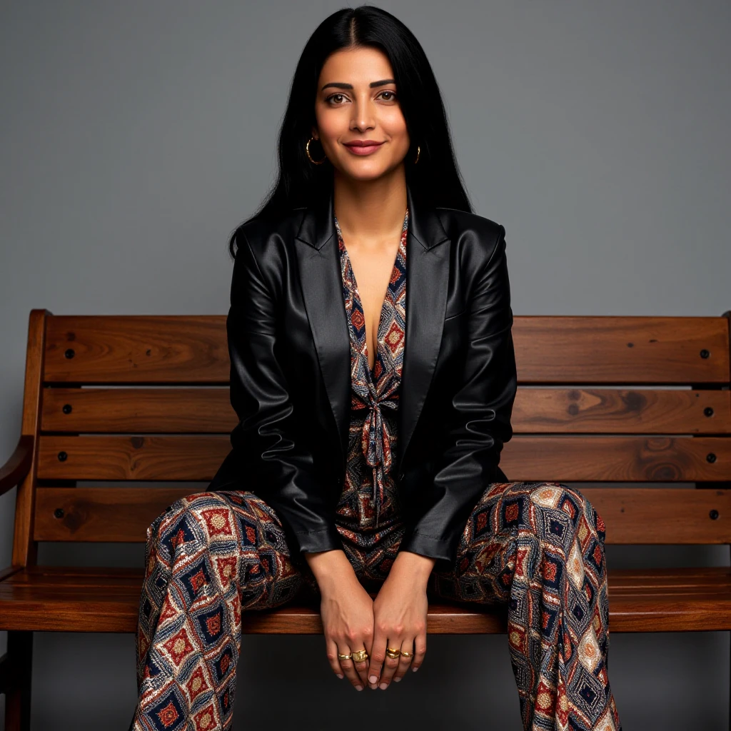 A confident, sruthihassanukohwx with dark hair and medium complexion, seated on a wooden bench.  She exudes a sophisticated and contemporary vibe.  She wears a black leather blazer jacket, a patterned blouse with a tie-front design featuring a mix of blues, reds, and golds, showcasing an intricate textile pattern.  The woman's outfit is complemented by patterned, multicolored, and sequined flared pants. High-heeled, pointed-toe, black ankle boots with metallic accents complete her ensemble.  Light gold hoop earrings and several gold rings further enhance her stylish persona.  Her hands are resting on her lap, and all the details suggest a refined look. The woman maintains a neutral expression, neither overwhelmingly happy nor sad. The bench is made of rich espresso-toned wood, with a slightly distressed finish exhibiting subtle natural variations in the wood grain. The backdrop is a muted gray, keeping the focus on the subject.  Soft, even lighting from a central source illuminates the subject evenly, without harsh shadows.  The composition is centered on the figure, suggesting a portrait-style shot. The perspective is a slightly low angle, highlighting the woman’s confident posture.  The detailed geometric patterns on the clothing, along with the metallic accents on the boots, create a subtle interplay of textures. The atmosphere has a timeless, elegant quality. Modern, yet sophisticated.  The overall aesthetic is reminiscent of artistic modern portraiture, emphasizing fashion, poise, and a contemporary style.
