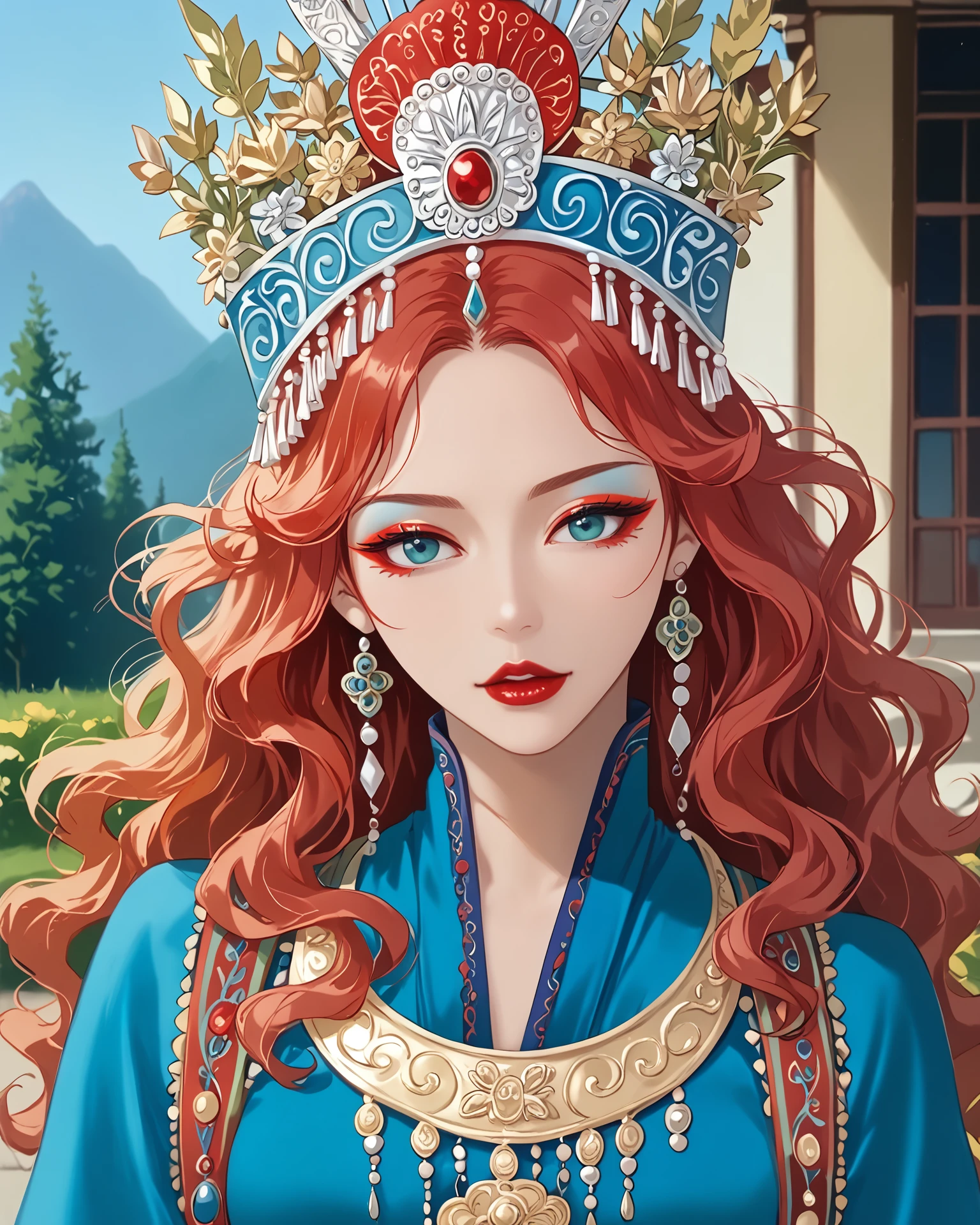 1girl, wearing miaofashion, miaofashion headdress, waist-up, ornate clothing, wavy hair, daffodils, head tilt, red eyeliner, blue eyeliner, extremely detailed, digital art, masterpiece, absurdres, highest quality, score_9, score_8_up, score_7_up, outdoors,   <lora:[pony]Sunagawa Tara:1>, sunagawa tara <lora:MiaoFashion_XL-000014:1>