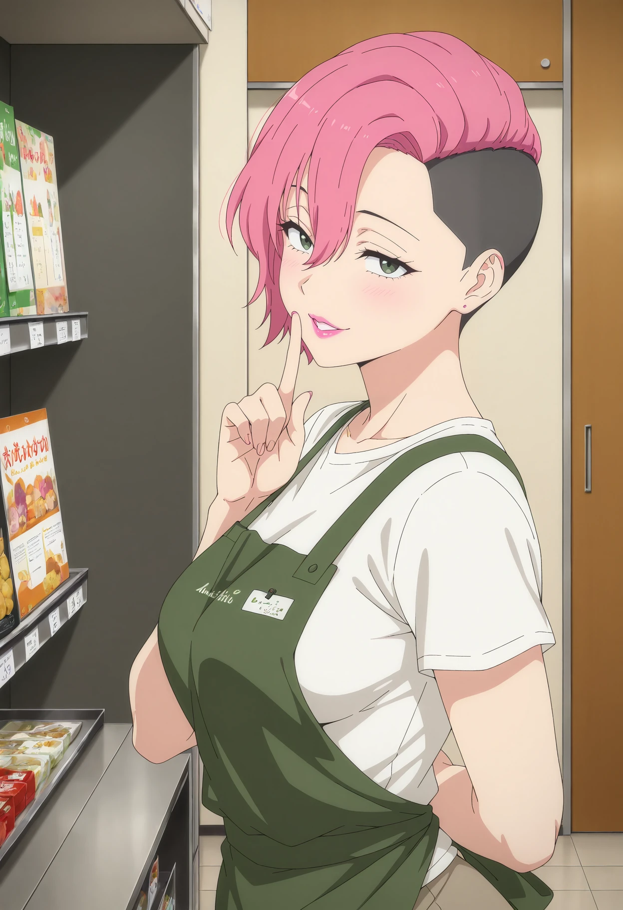 masterpiece, best quality, amazing quality, <BREAK> 1girl, solo,
<lora:Morichika_2.5_Dimensional_Seduction_IL_V1:1>, KJOchika, pink hair, green eyes, hair between eyes, short hair, undercut, pink lipstick, 
green apron, white shirt, short sleeves, 
arms behind back, seductive smile, shushing, parted lips, from side, 
store, 
(Beautiful, medium Breasts:1.2), mature female,