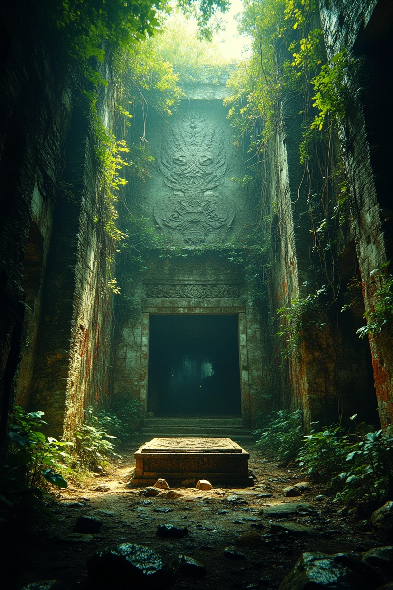 fg,An ancient, overgrown temple deep in a mystical jungle, with vines wrapping around crumbling stone walls adorned with intricate carvings. Soft beams of light filter through the canopy above, illuminating the ornate altar at the center, evoking a sense of mystery and forgotten rituals.