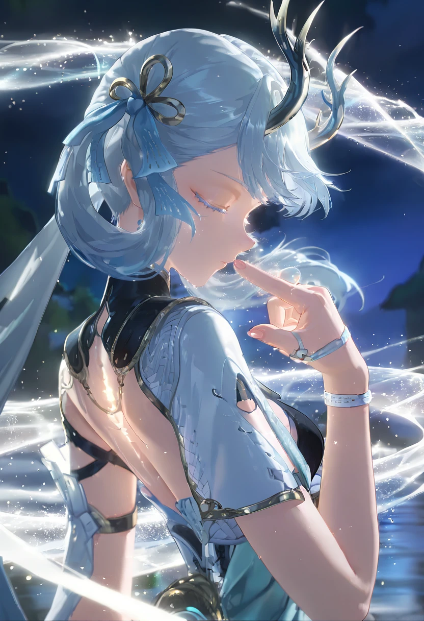 masterpiece,best quality,amazing quality,very aesthetic,absurdres,newest,scenery,
jinxsi, 1girl, echo2 dress, solo, closed mouth, white hair, calm, twintails, antler horns, white eyelashes,  hair ribbon, upper body, closed eyes, side profile view, raised arm, bent elbow, echo1x hand gesture, bracelet, hand bracelet, slightly leaned back, head tilted, back tattoo, outdoors, magical atmosphere, swirling energy, light waves, sparkling particles, magical aura, night
<lora:Jinxsi IL v2:0.8>