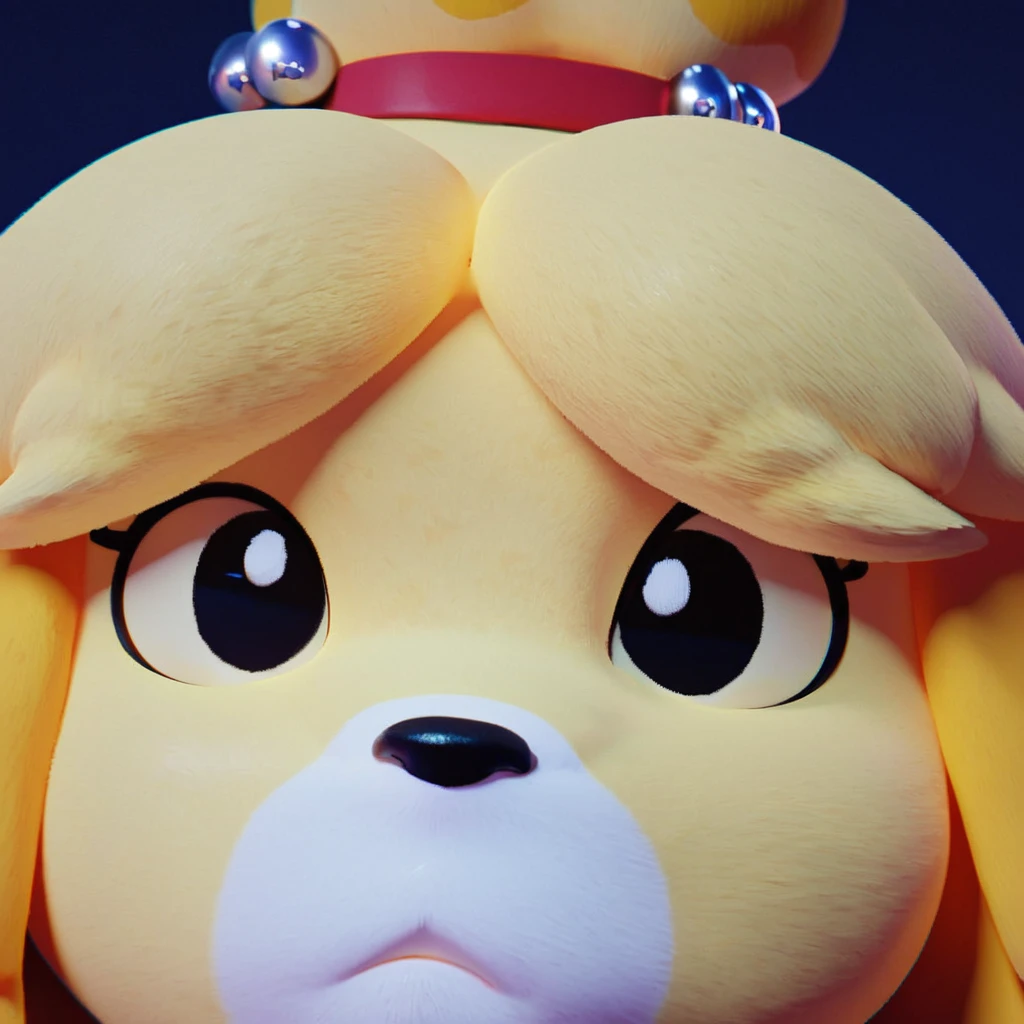 score_9_up, score_8_up, score_7_up, Isabelle /(animal crossing/), 1girl, dog, yellow fur, extreme close-up, close-up, stare, looking at viewer, solo, furry, furry female, black eyes, black nose, frown