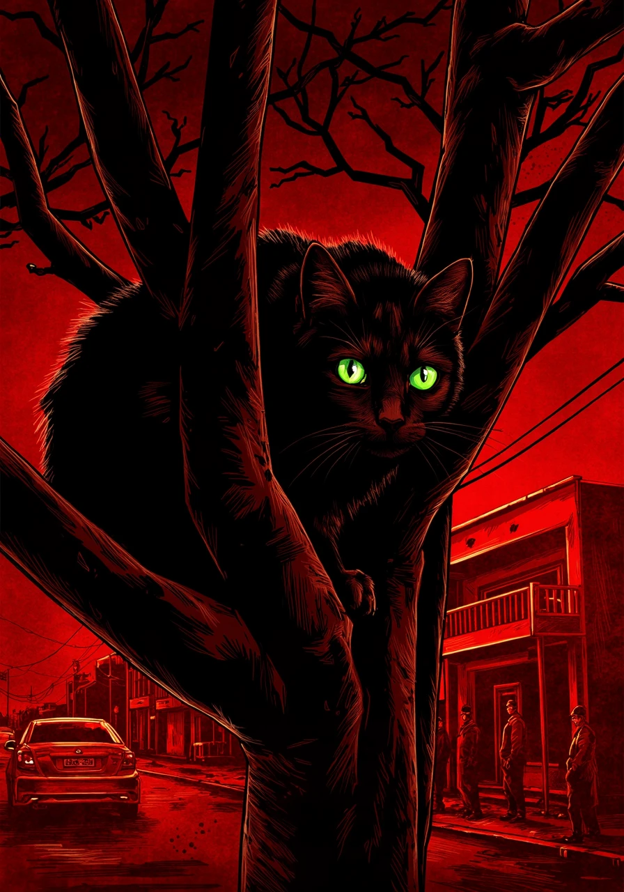 BPRE art of a black cat with wide green eyes on a branch of a tree, a street at night background, dramatic signature red hue of BPRE artwork<lora:BPRE-000013.safetensors:1.0:1.0>