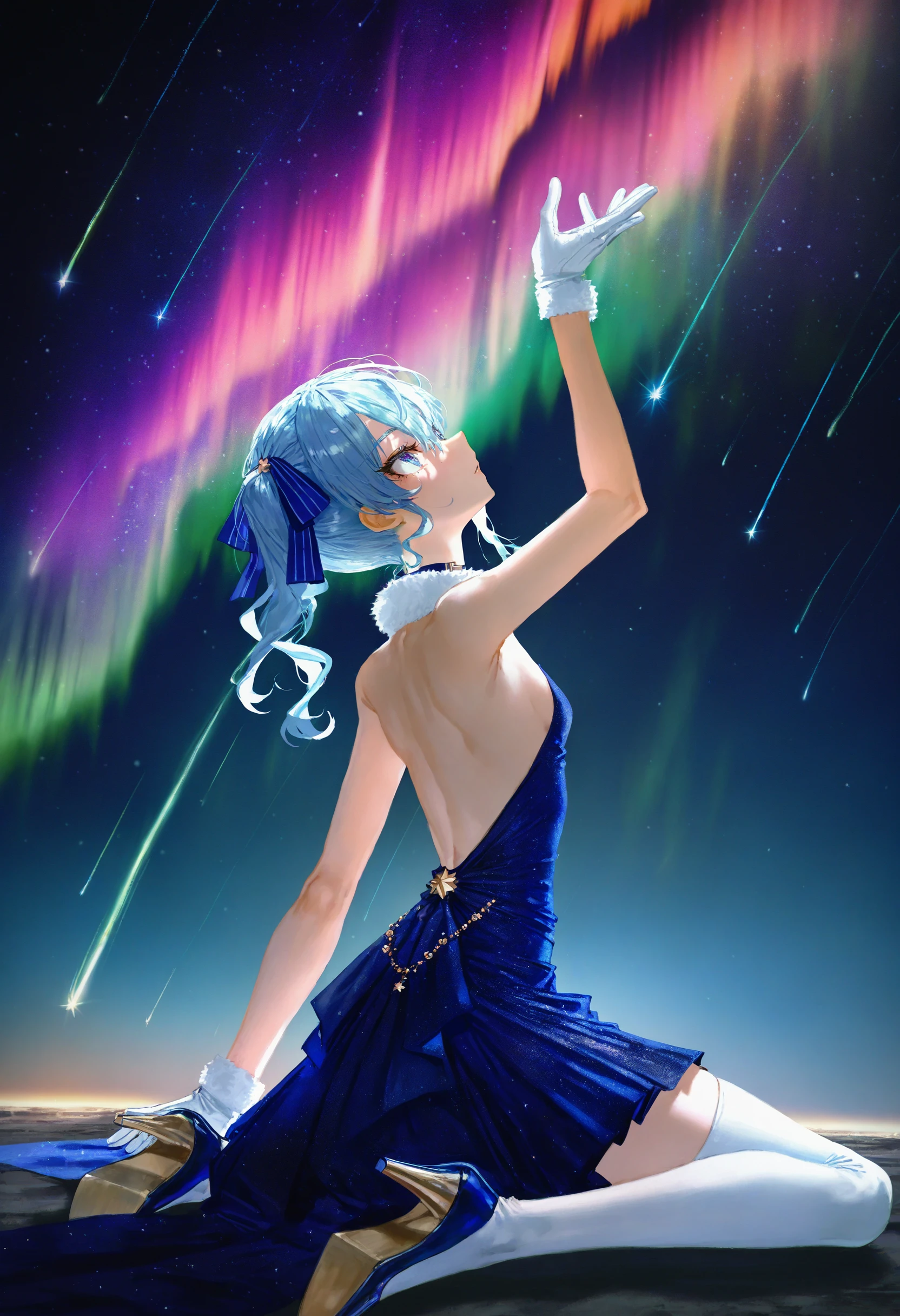 by [lack|fuzichoco|lam|kinta \(distortion\)|nixeu|wlop|quasarcake|happoubi jin|miyajima reiji], by quasarcake, impasto,
aurora, hoshimachi suisei, 1girl, solo, blue eyes, bare shoulders, blue dress, starry sky, night sky, meteor shower, strapless dress, wariza, fur trim, white hair, looking up, arm up, white thighhighs, breasts, outdoors, from behind, backless dress, white gloves, grey hair, bare back, high heels, dark,
very awa, masterpiece, best quality, very aesthetic, absurdres
<lora:illustrious_noobai_epsilon_pred_11_winter_collection_v11:1>