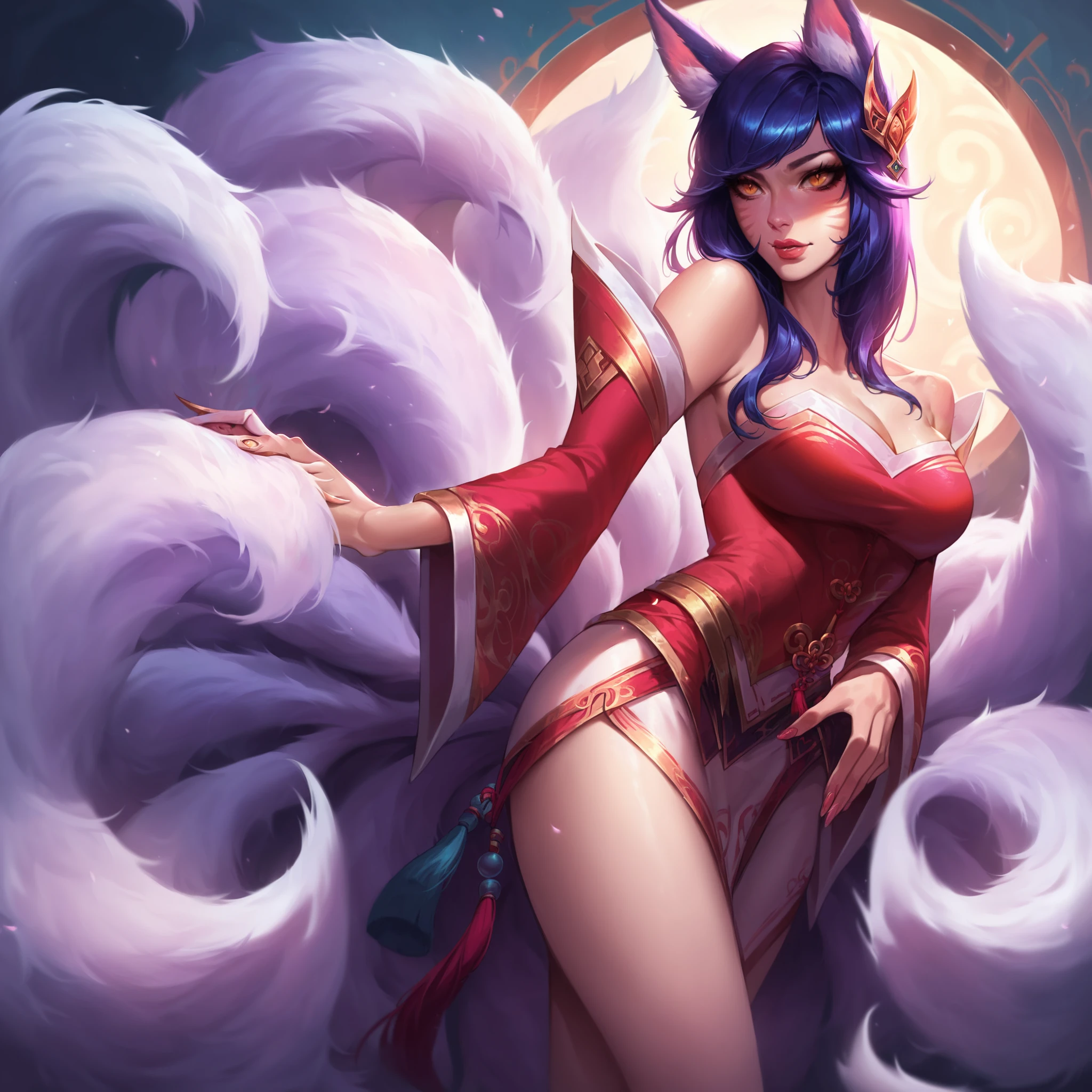 score_9, score_8_up,score_7_up, masterpiece, high quality,1girl, League of Legends,splash art, <lora:League_Of_legends_Splash_2:0.7> <lora:ahriXL:0.6> ahrixl, fox tail, tail, bare shoulders, detached sleeves, korean clothes, multiple tails, lips, slit pupils, fox ears