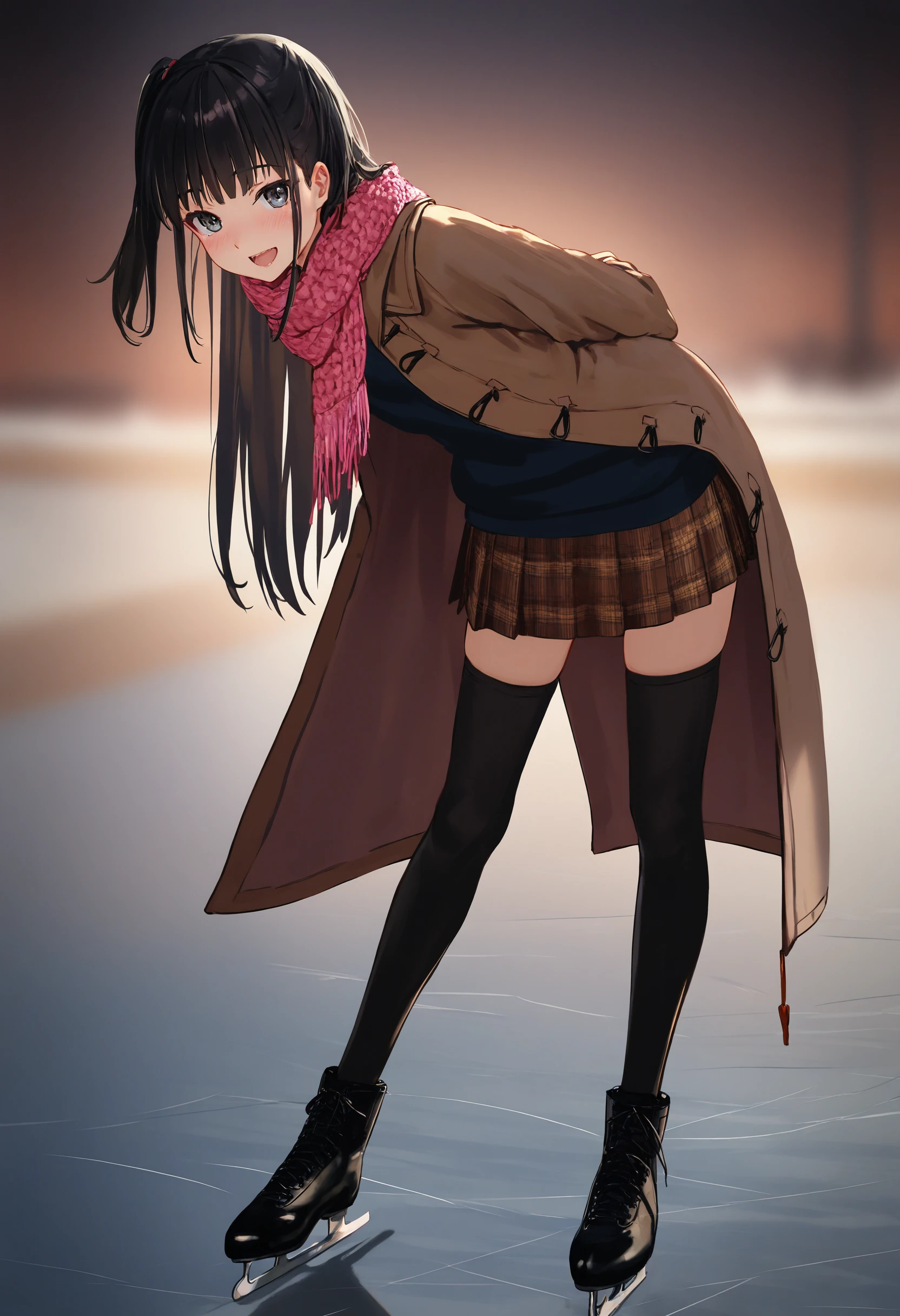 by [lack|fuzichoco|lam|kinta \(distortion\)|wlop|quasarcake|nixeu|happoubi jin|miyajima reiji],
ice skating, ice skates, 1girl, solo, black hair, long hair, open mouth, black thighhighs, plaid skirt, zettai ryouiki, pink scarf, arms behind back, looking at viewer, leaning forward, pleated skirt, coat, blue eyes, smile, jacket, bent over, brown skirt, full body, blush, one side up, black eyes,
impasto, vignetting, chiaroscuro, very awa, masterpiece, best quality, very aesthetic, absurdres
<lora:illustrious_noobai_epsilon_pred_11_winter_collection_v11:1>