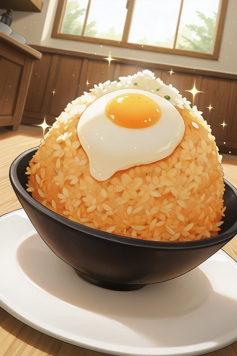 realistic shading, natural lighting, food focus, dafoodie, sparkling food focus, sparkle, fied rice, fied egg on rice, indoors dining room, dutch angle, dynamic angle, intricately detailed illustration, depth of field, atmospheric perspective, masterpiece, best quality, amazing quality, very aesthetic, absurdres, newest