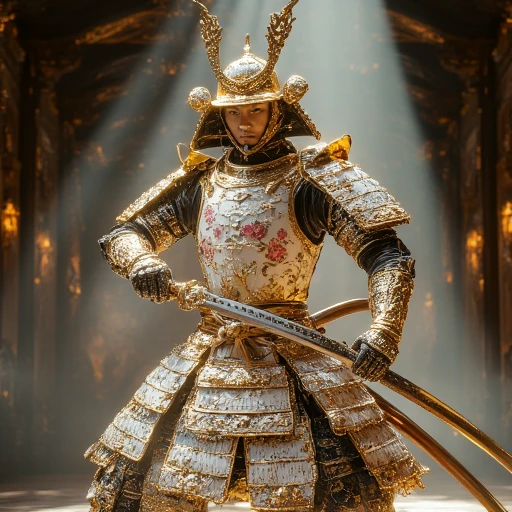 which is positioned vertically in front of their body. The samurai's armor is ornately decorated with intricate gold filigree and delicate floral patterns in shades of white and pink., glossy finish., tiered structure with a grand, revealing sharp, CGI-rendered photograph of a woman dancing in a dramatic, likely a goddess or a mythological figure