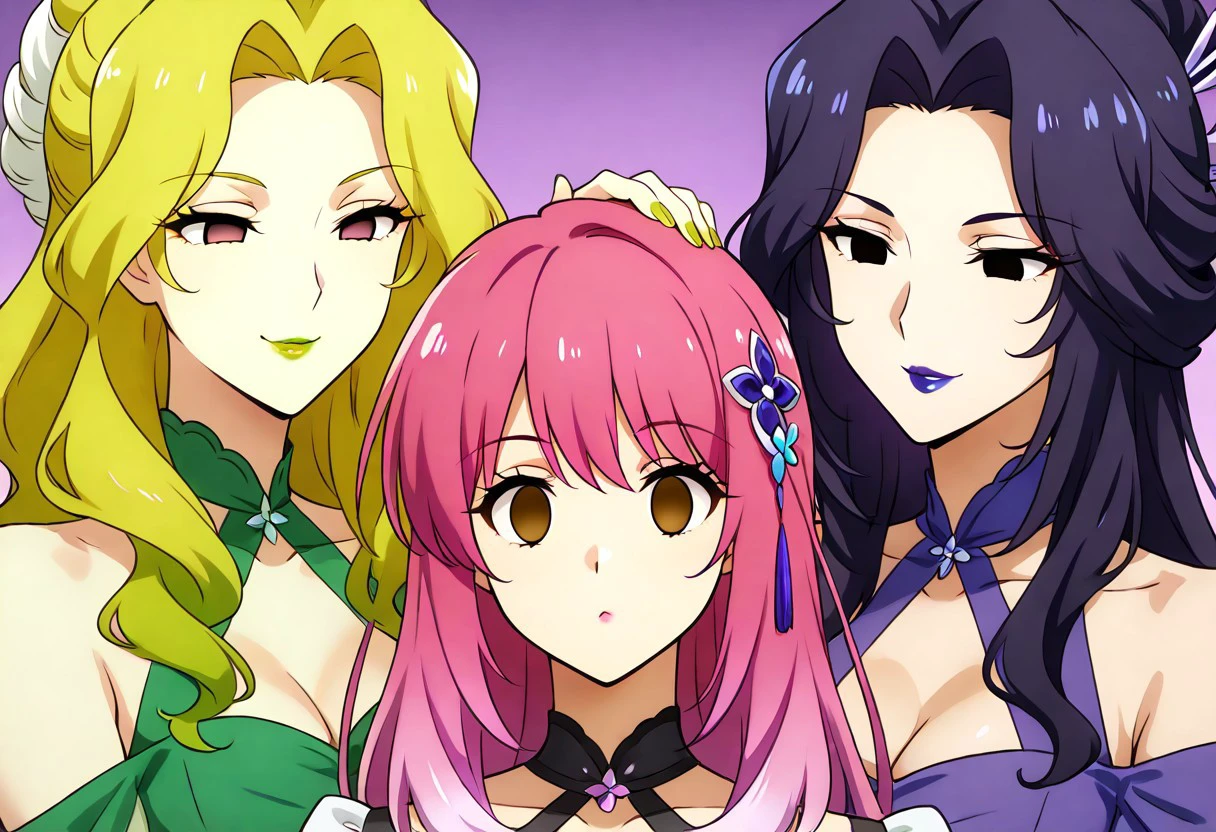 anime, empty eyes, hypnotized, two females, lipstick, red lipstick, yellow lipstick, green lipstick, blue lipstick, purple lipstick, black lipstick, glossy lips, wet lips, sexy smile, emotionless, adult, casual dress, long hair, white hair, black hair, green hair, red hair, yellow hair, pink hair, purple hair, blue hair, hair decoration, close up, hand on head