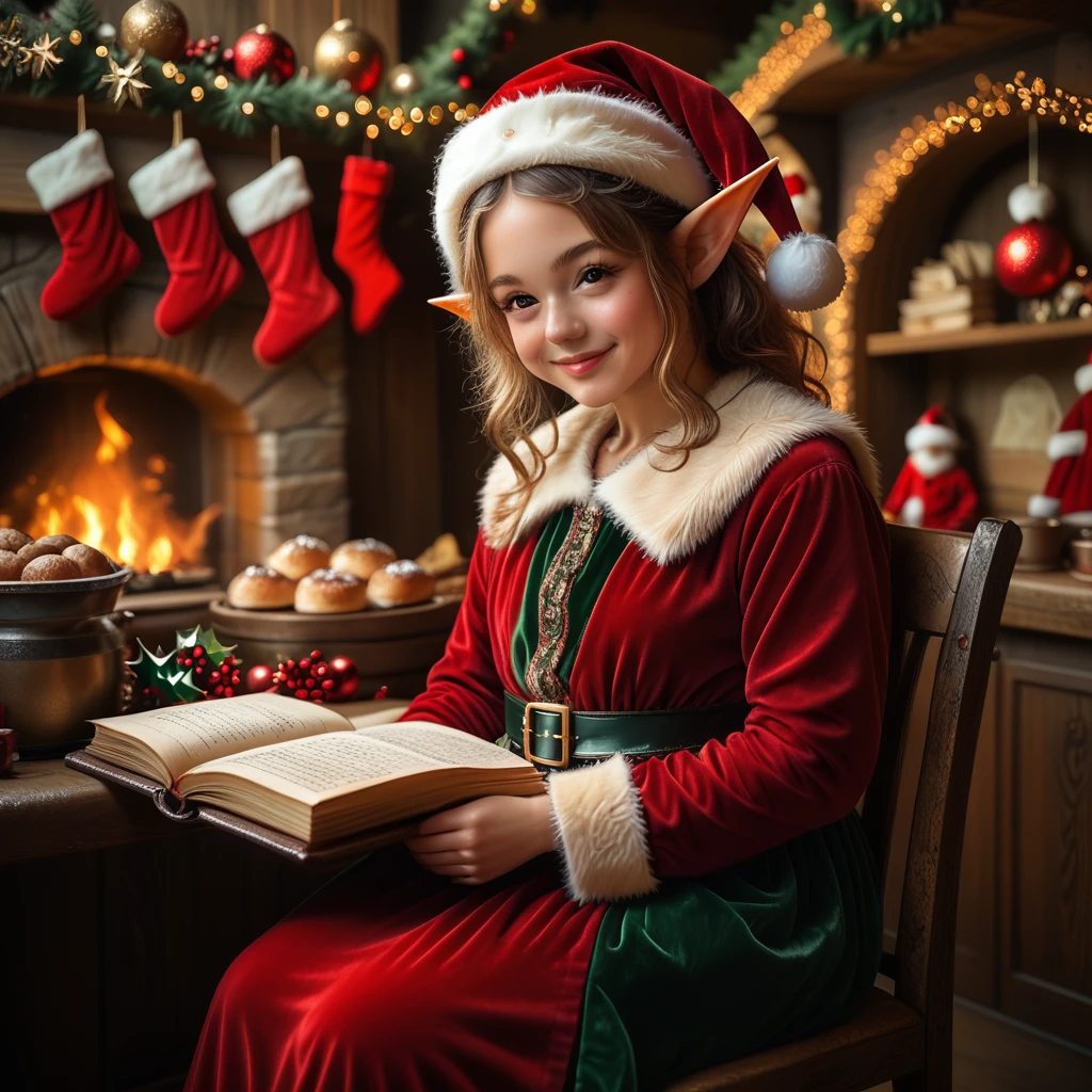 score_6_up,score_5_up,score_4_up,
<lora:Wolvies_Christmas_Elf_v241212.1436:1> xmas_elf, female elf, young, (eyes open:1.1), Christmas, holiday, complex background, sitting in a huge leather chair, reading a long scroll, drinking hot cocoa, taking a break, in Santa's workshop, North Pole, concentration, smile, anime, highly detailed, in focus, excellent quality, high resolution, Christmas background, Christmas decorations, cozy, masterpiece, best quality, very aesthetic, (accurate eyes:1.2), (detailed and precise face:1.2), life-like, depth of field, detailed textures, bright colors, natural light, ultra HD, fine details, soft background blur,