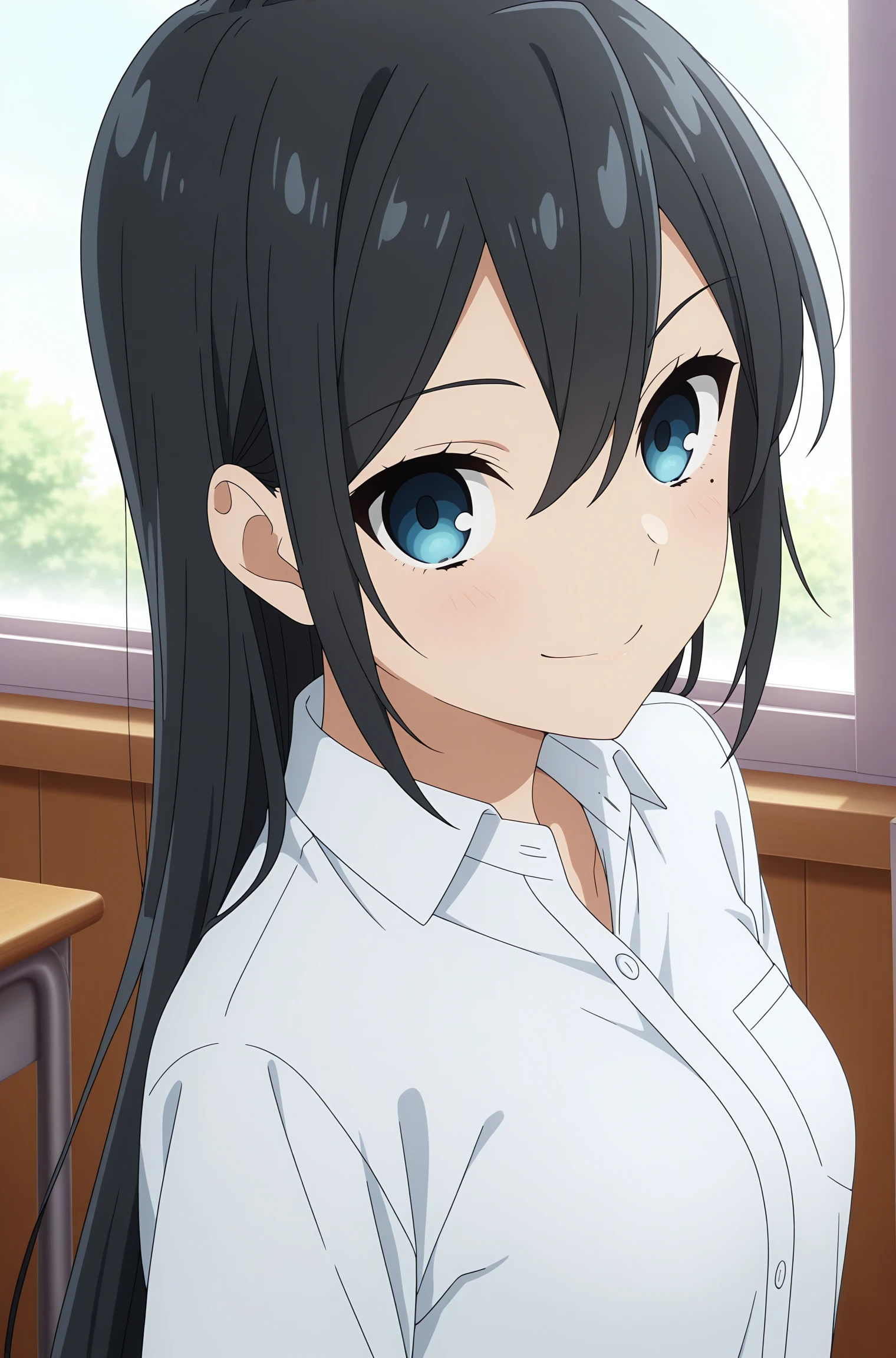 masterpiece, best quality, amazing quality, highres, absurdres, very aesthetic, high resolution, ultra detailed, perfect details, 1girl, solo, indoors, day, classroom, medium breasts, sawada honoka, long hair, black hair, hair between eyes, blue eyes, mole under eye, school uniform, short sleeves, white shirt, collared shirt, black skirt, pleated skirt, black kneehighs, grey footwear, converse, high tops, <lora:Honoka_Sawada_ILXL:0.8>, looking at viewer, (portrait:1.4), smile, (pose:1.1), anime screencap