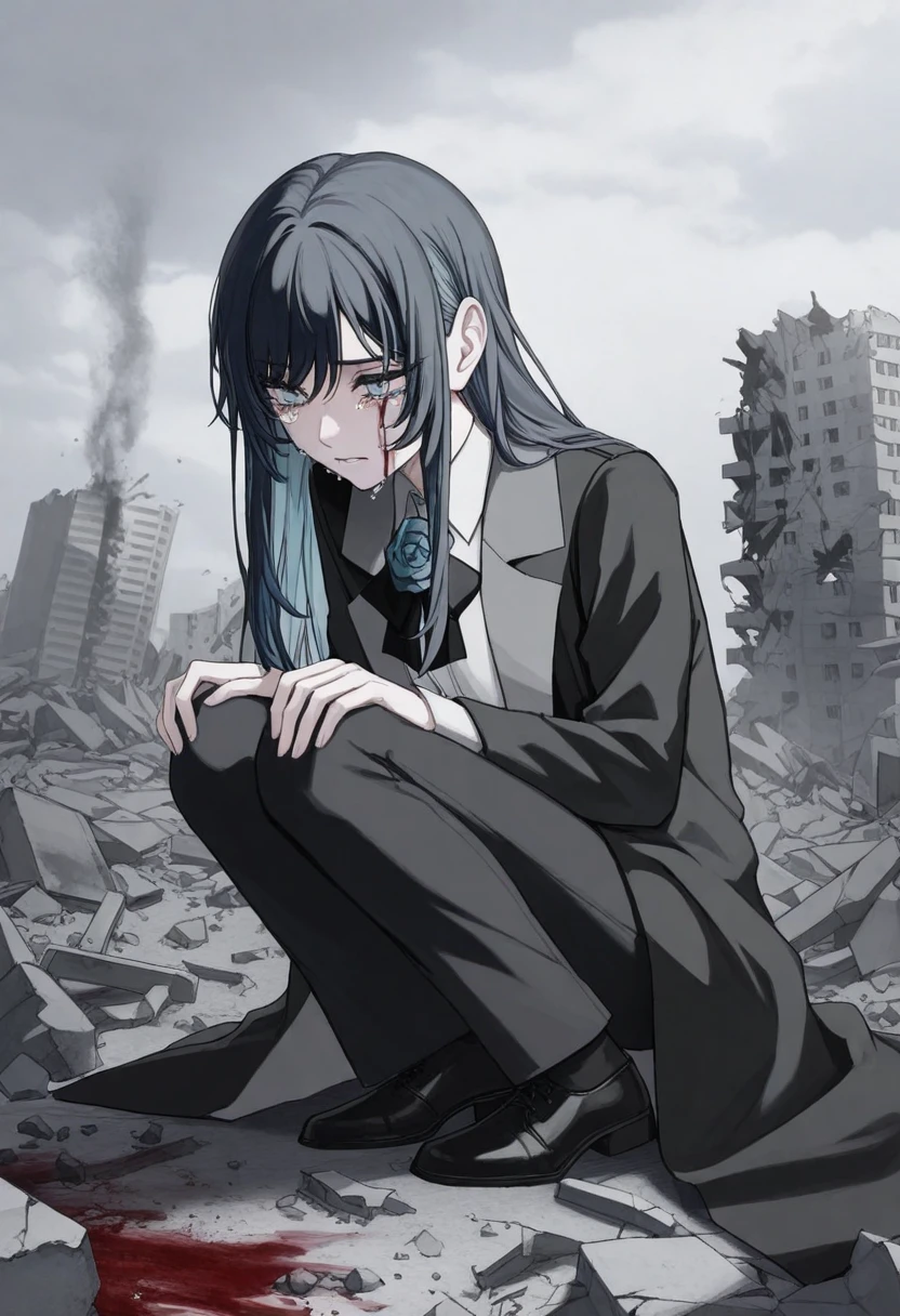 1girl, solo, chando, long hair, flower brooch, blue eyes, mole under eye, blue hair, multicolored hair, sidelocks, blue flower, blue rose, white shirt, collared shirt, black coat, black bowtie, black pants, black footwear,
crying, tears, despair, on knees, clawing at the ground, ruined city, smoke, rubble, broken buildings, cloudy sky, ash falling, blood on face
, <lora:Character_Ado - Chando:0.8>