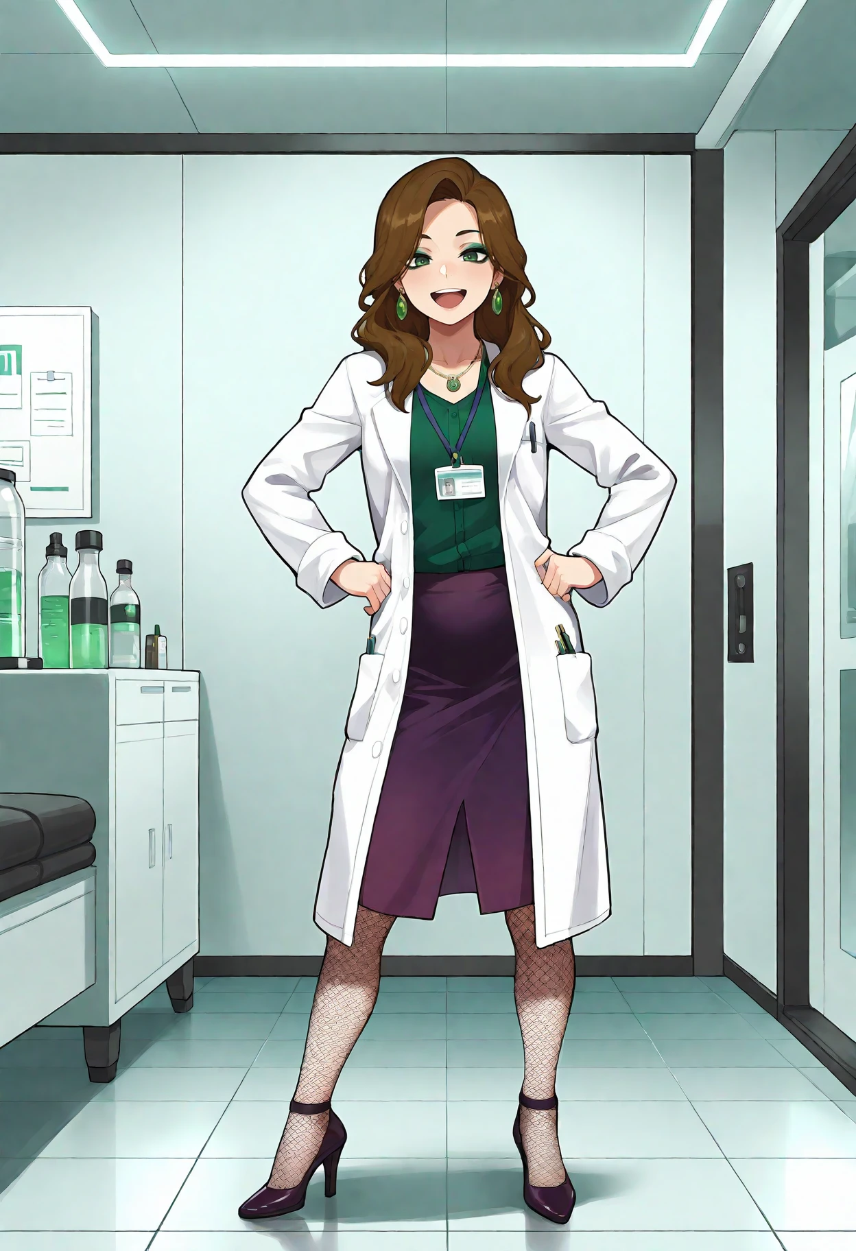 masterpiece,best quality,high quality,1girl,Francesca1SPZ, <lora:FrancescaIllustrious:1>,(solo:1.3),long hair,brown hair,green eyes,lab coat,green shirt,purple pencil skirt,necklace,high heels,earrings,jewelry,makeup,green eyeshadow,fishnet pantyhose,id card,standing,full body,indoors,facing viewer,laboratory,tiles,chemical tanks,happy,:d,hands on hips,detailed background