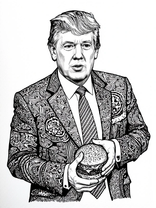 <lora:Zentangle_Style:0.9> zentangle style donald trump holds a burger