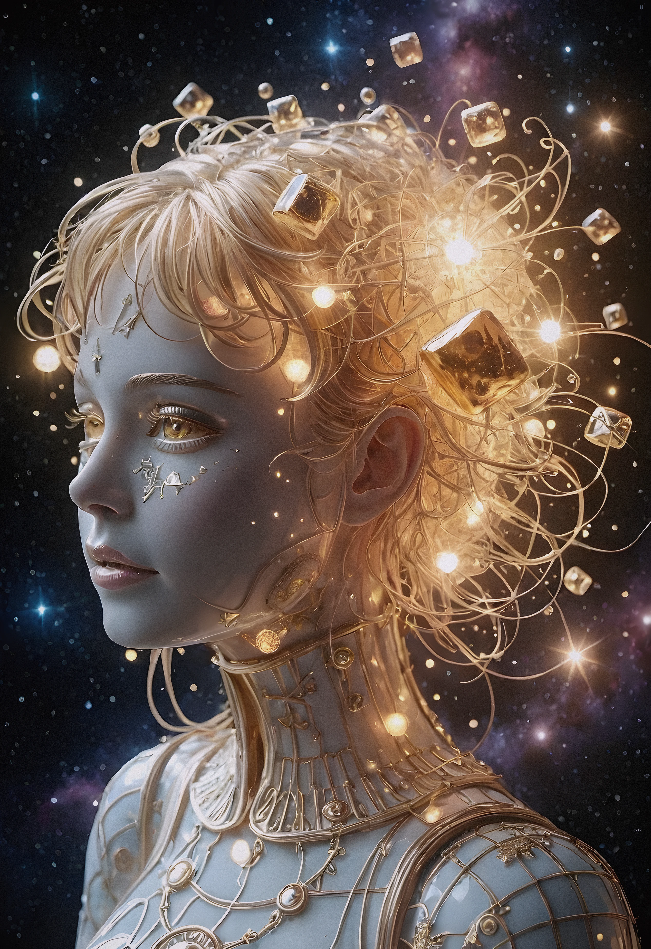 A photo of a fragmented human face, surrounded by a mesmerizing 3D cube fragmentation of body parts, with cubes and orbs breaking off from the face, set against a vibrant, cosmic background featuring swirling galaxies, nebulas, and stars; the scene is bathed in rim lighting that casts an otherworldly glow; mechanical fragmentation and biosphere decomposition create a sense of chaos and disintegration; floating parts and detailed, intricate patterns adorn the figure's skin, while sharp lines and fractal art elements add texture and depth; Astral concept art influences the overall aesthetic, resulting in a surreal, ethereal, dreamy, and mysterious masterpiece with high detail and a sense of floating, as if suspended between dimensions; rendered in 16K resolution.